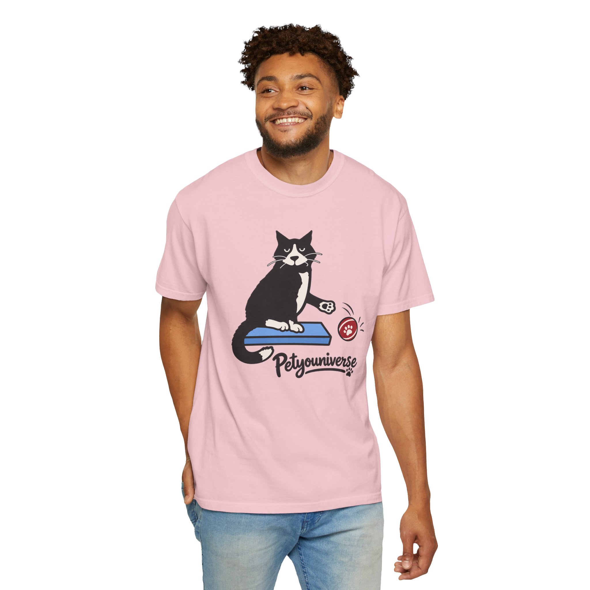 Cat on Scratch Pad Graphic T-Shirt — "Petyouniverse" Cute Paw Play Tee - Image 115