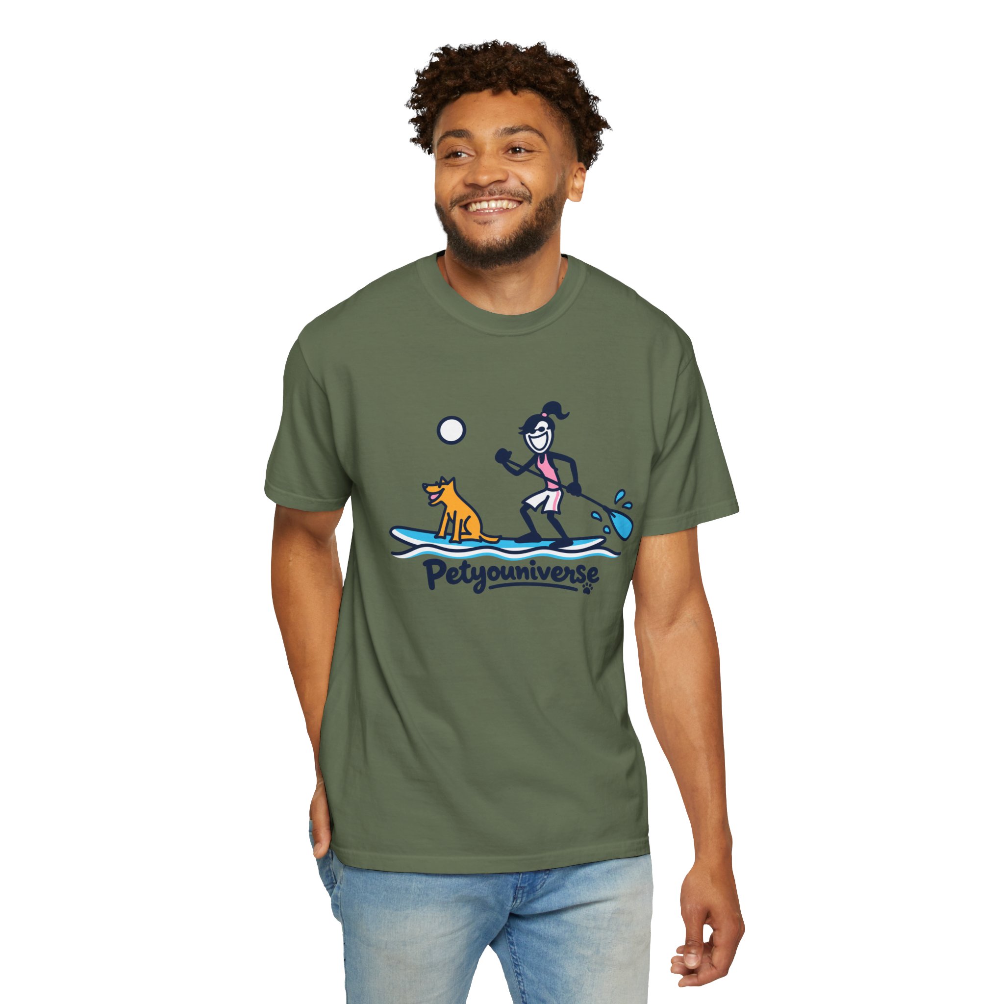 Paddleboarding Pup Graphic T-Shirt — "Petyouniverse" Dog & Owner Paddleboard Tee - Image 54