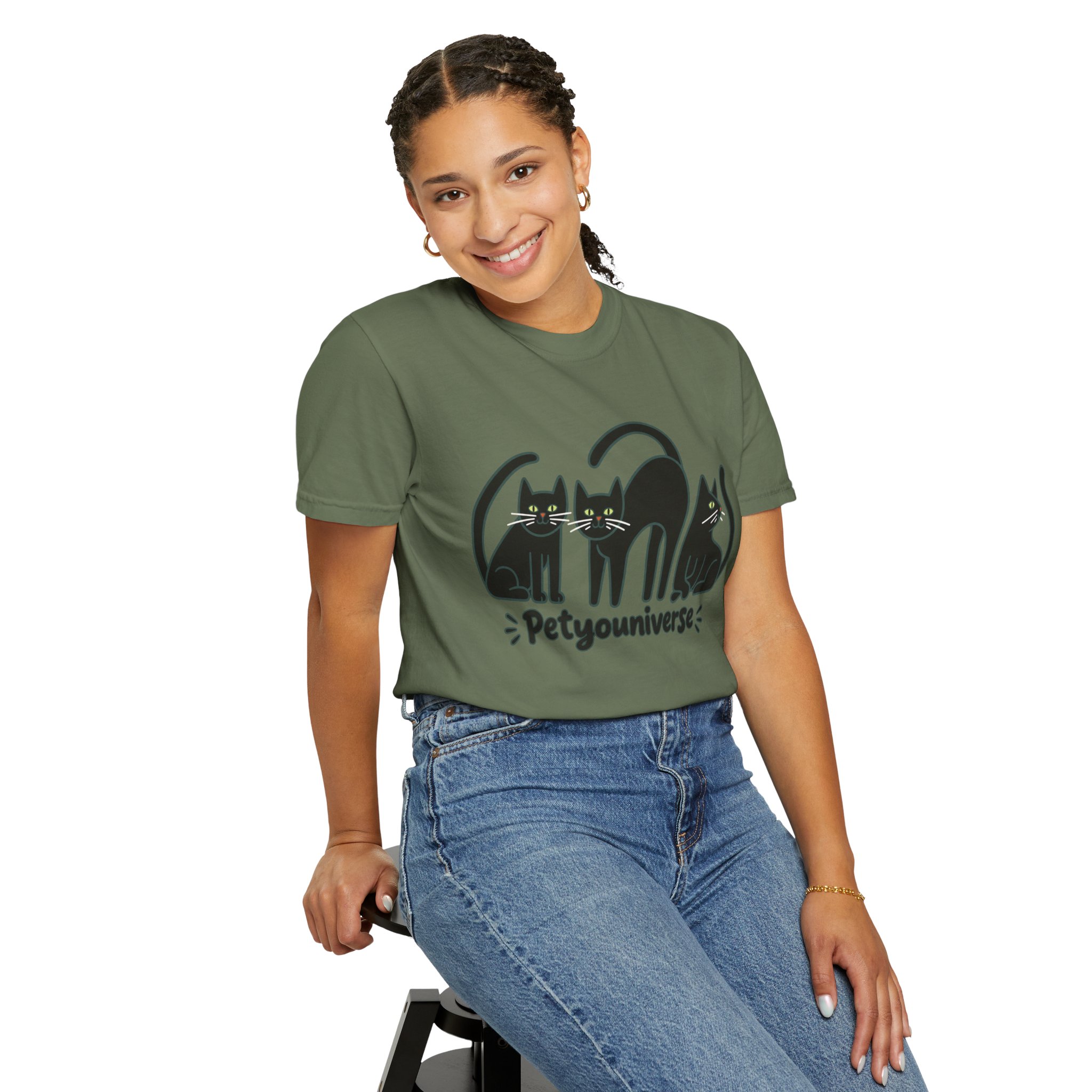 Cat T-Shirt — "Petyouniverse" Black Cat Trio Graphic Tee - Image 60