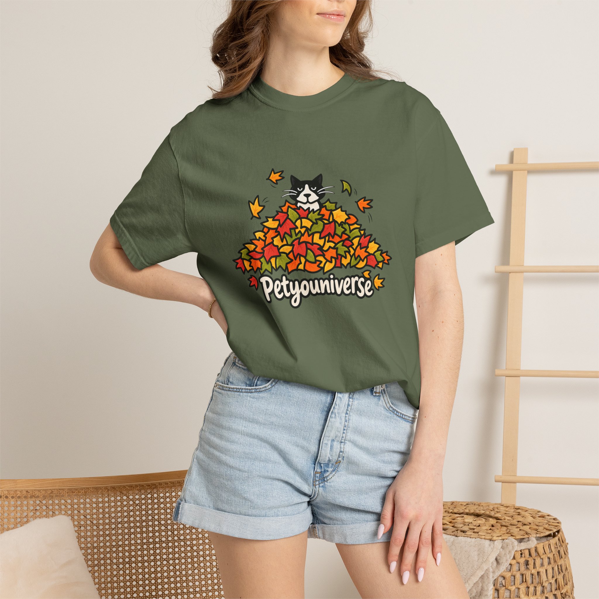 Cat in Leaf Pile T-Shirt — "Petyouniverse" Fall Cat Tee - Image 56