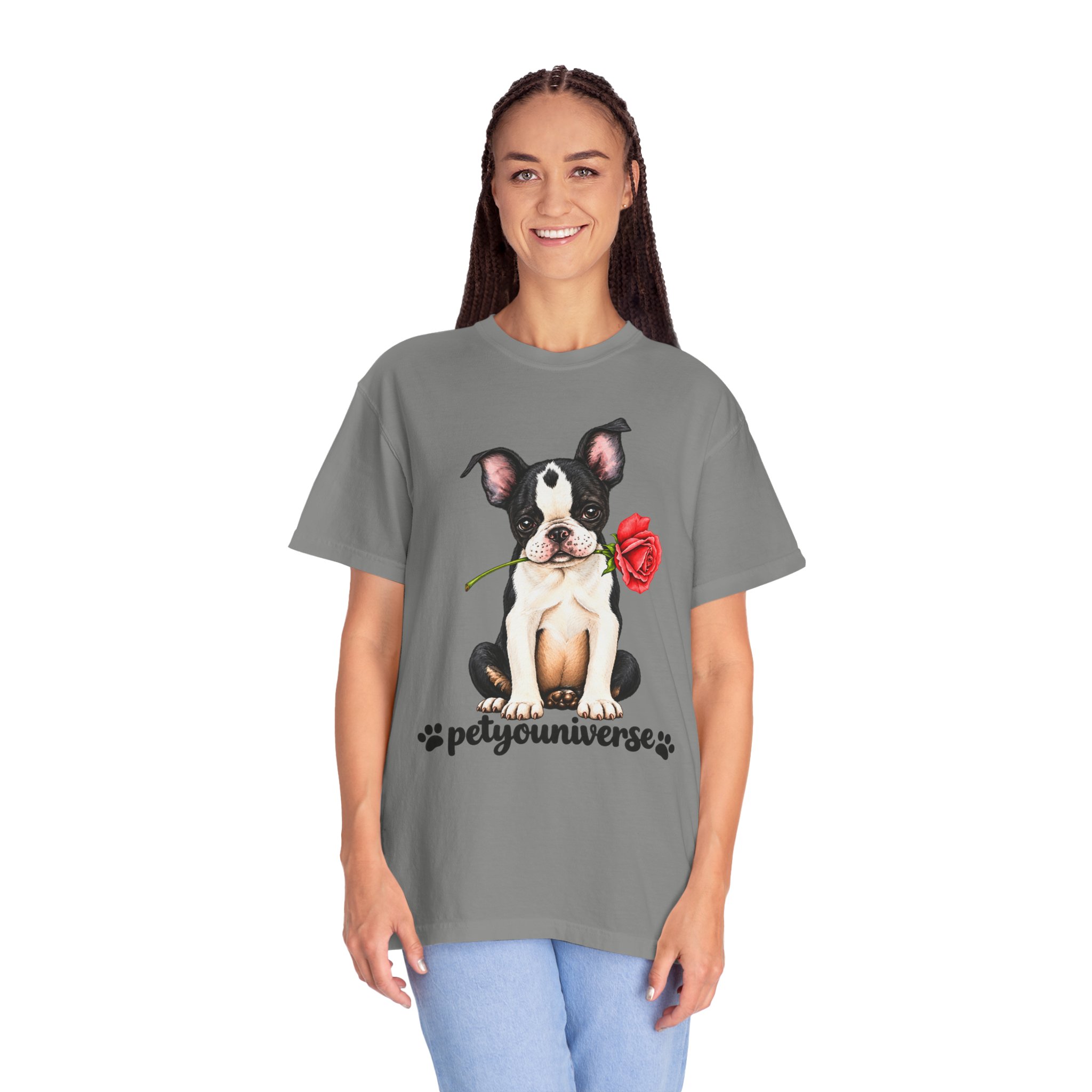 Boston Terrier Puppy Tee – Rose & "PetYoUniverse" Graphic T-Shirt - Image 95