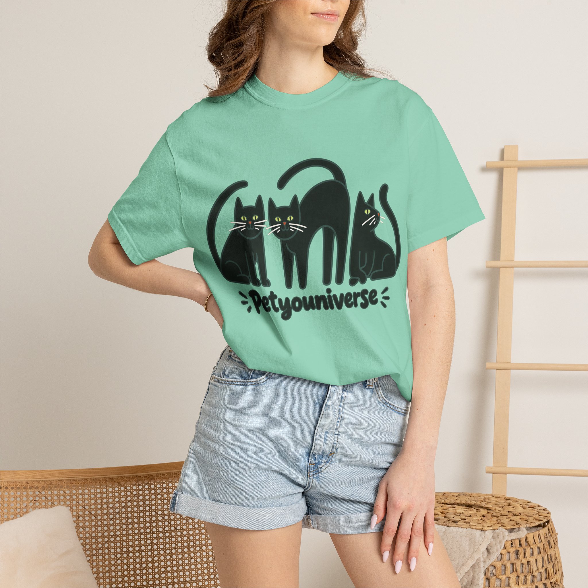 Cat T-Shirt — "Petyouniverse" Black Cat Trio Graphic Tee - Image 74