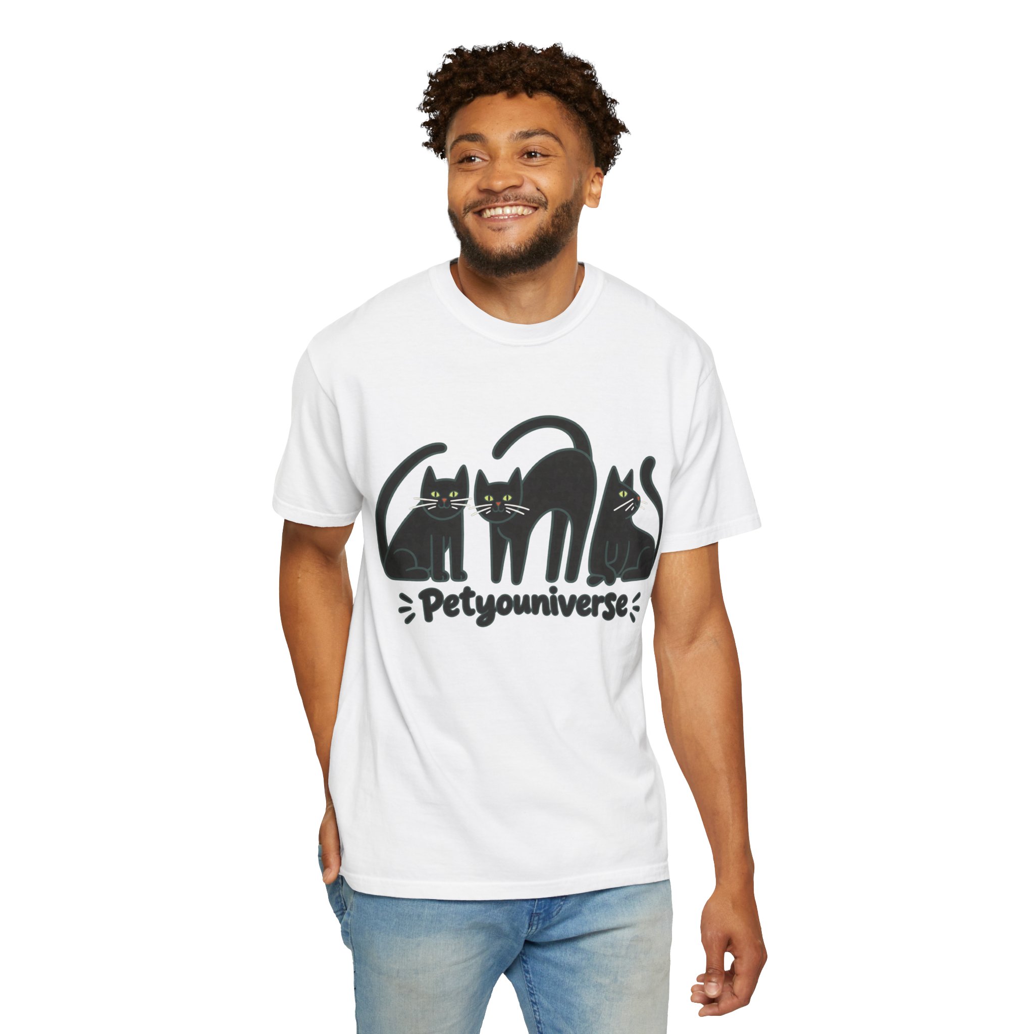 Cat T-Shirt — "Petyouniverse" Black Cat Trio Graphic Tee - Image 7