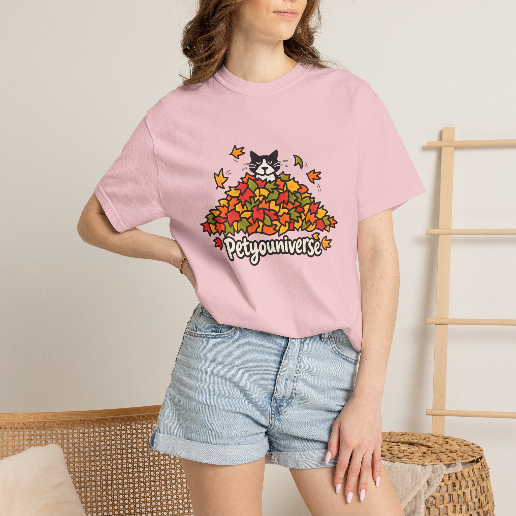Cat in Leaf Pile T-Shirt — "Petyouniverse" Fall Cat Tee - Image 92