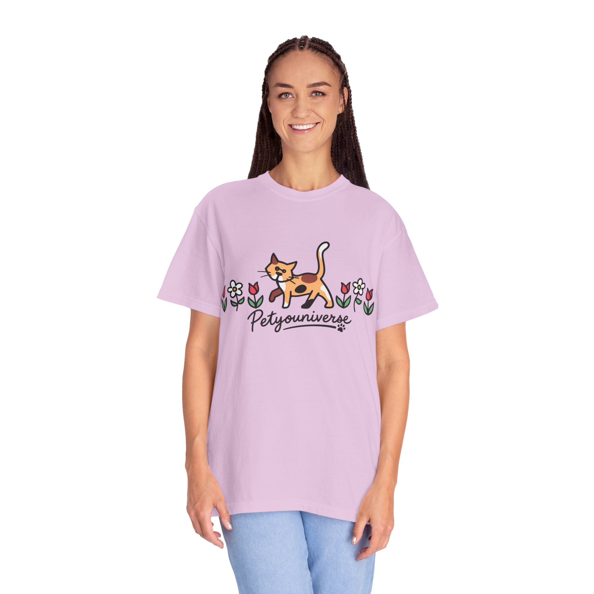 Cat & Flowers T-Shirt — 'Petsyouniverse' Cute Calico Tee - Image 104