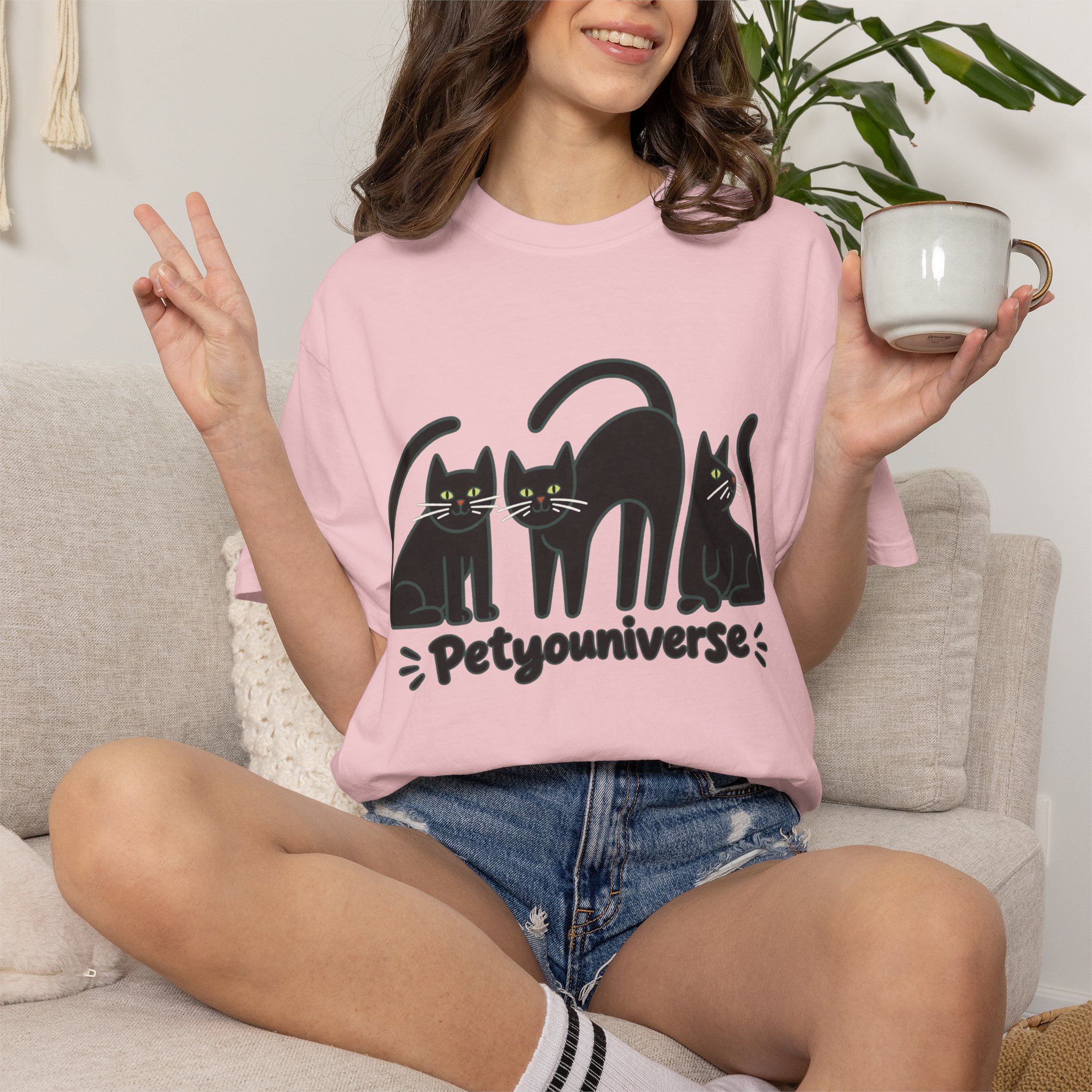 Cat T-Shirt — "Petyouniverse" Black Cat Trio Graphic Tee - Image 120