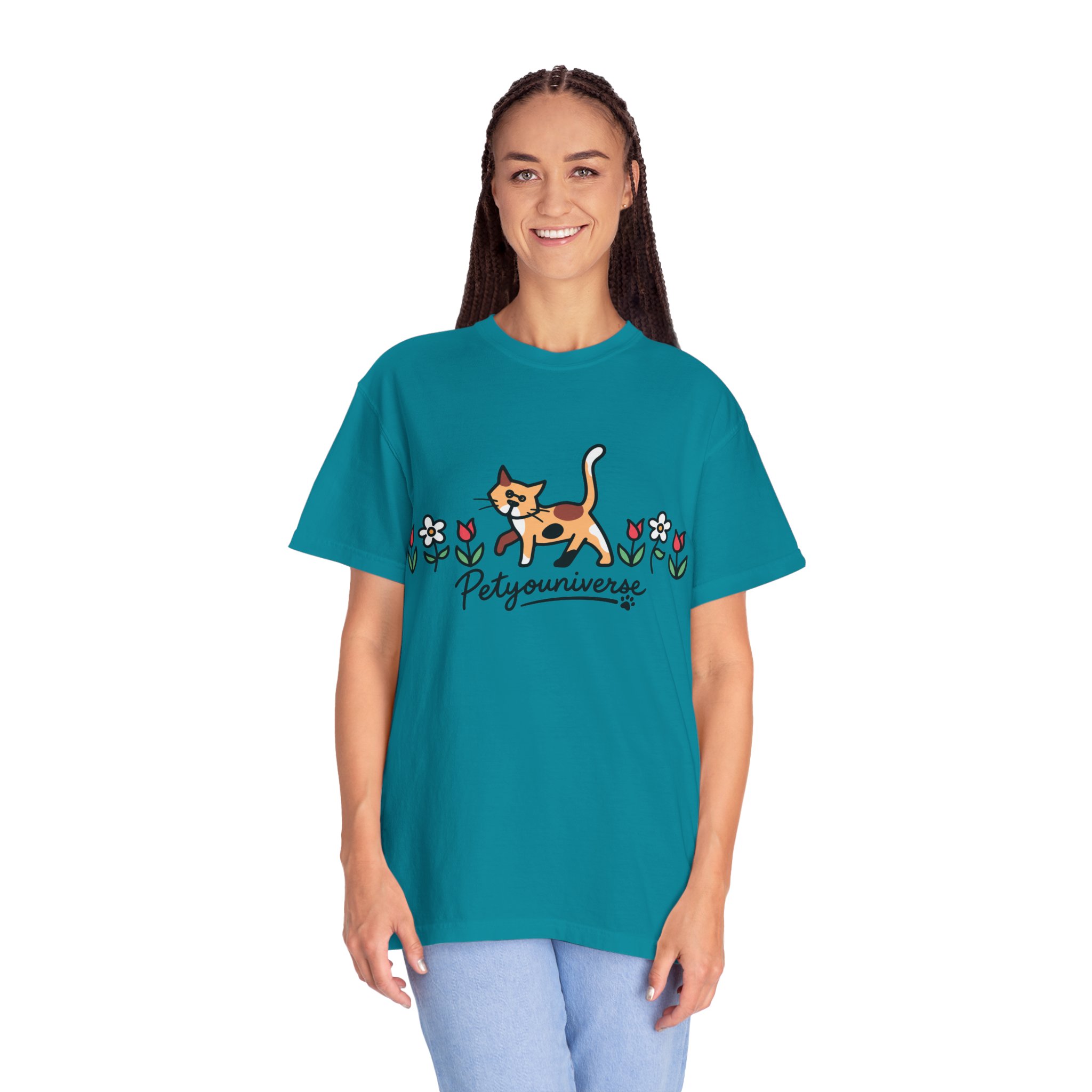Cat & Flowers T-Shirt — 'Petsyouniverse' Cute Calico Tee - Image 86