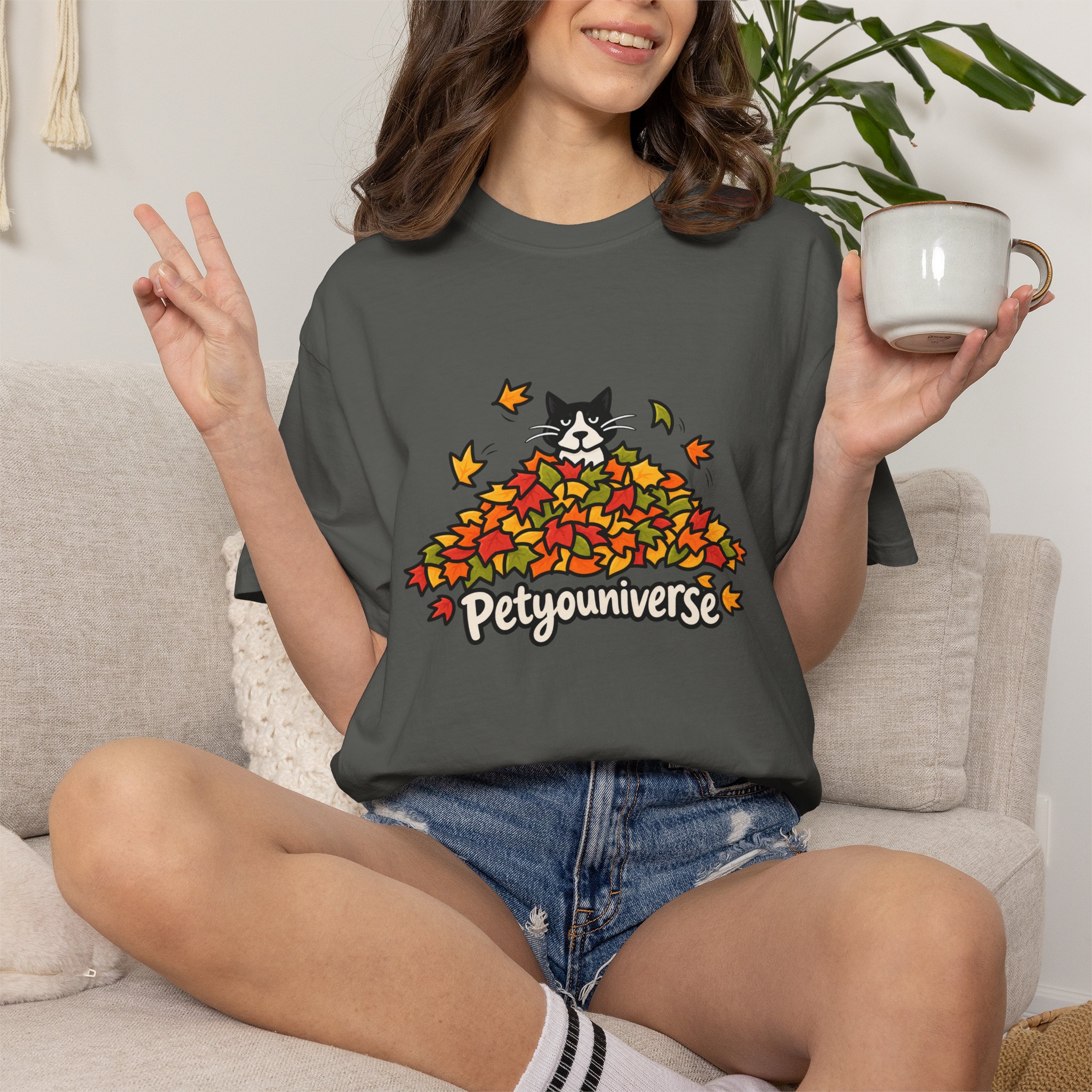 Cat in Leaf Pile T-Shirt — "Petyouniverse" Fall Cat Tee - Image 48