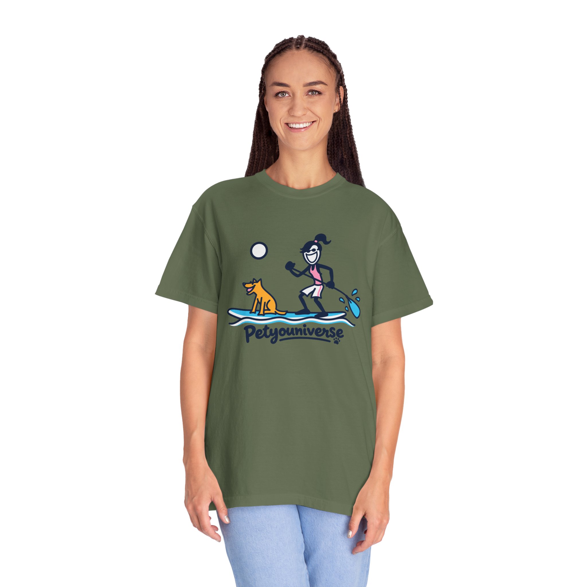 Paddleboarding Pup Graphic T-Shirt — "Petyouniverse" Dog & Owner Paddleboard Tee - Image 52