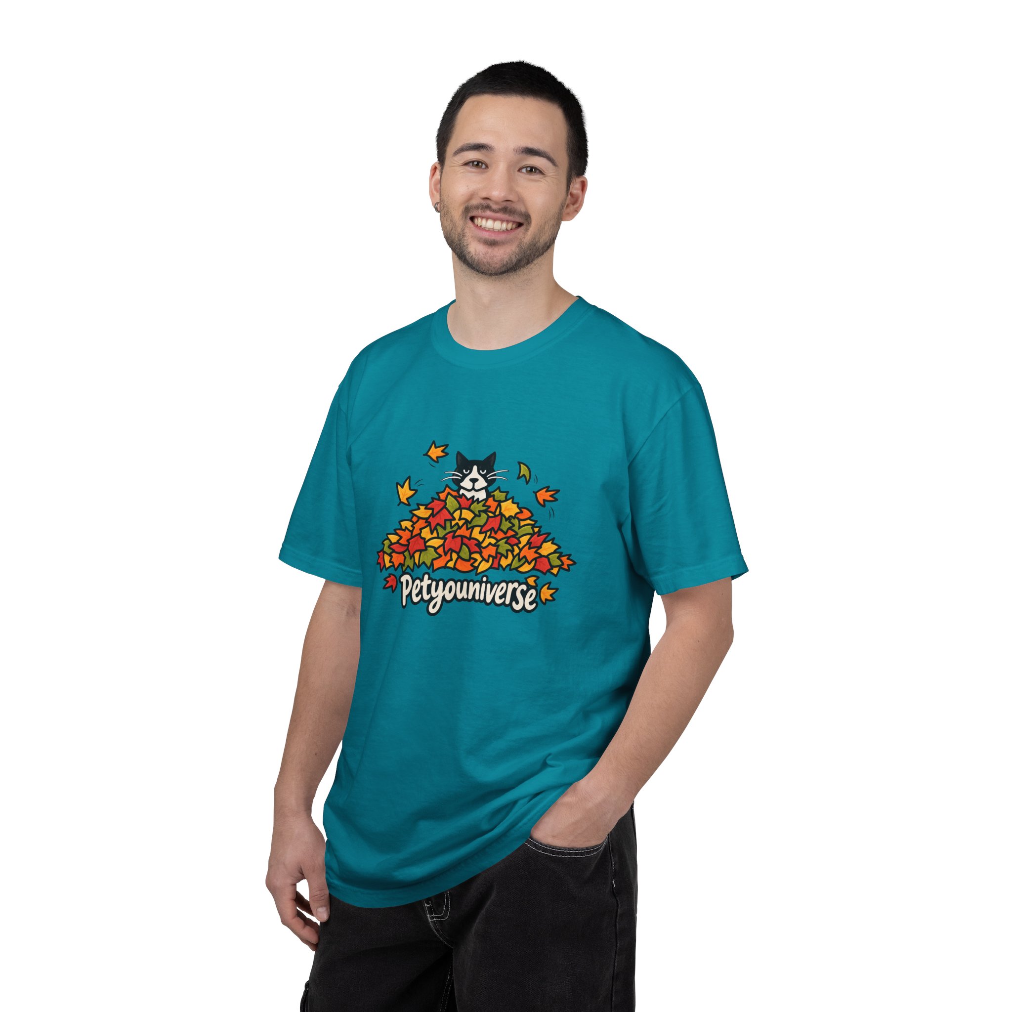Cat in Leaf Pile T-Shirt — "Petyouniverse" Fall Cat Tee - Image 85