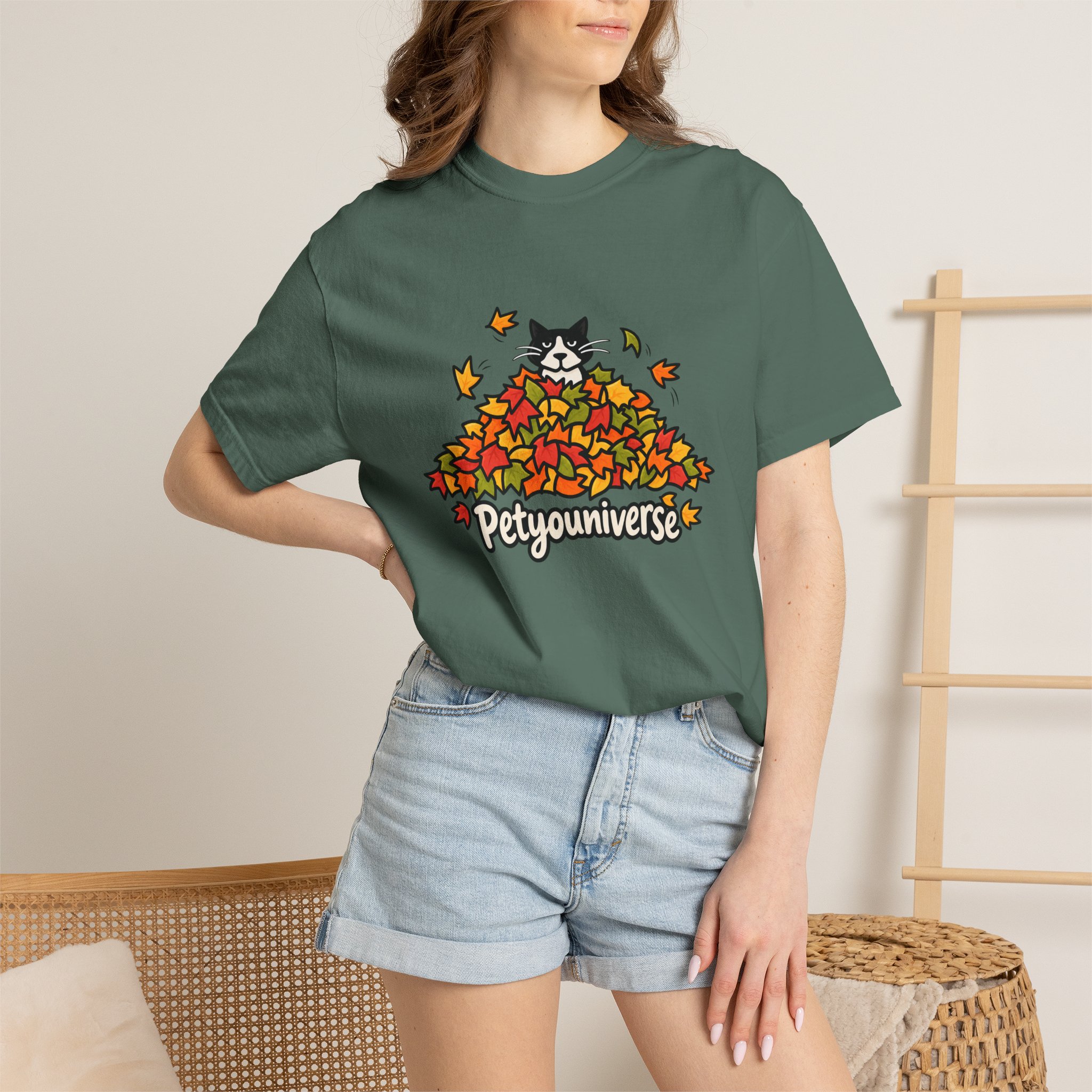 Cat in Leaf Pile T-Shirt — "Petyouniverse" Fall Cat Tee - Image 74