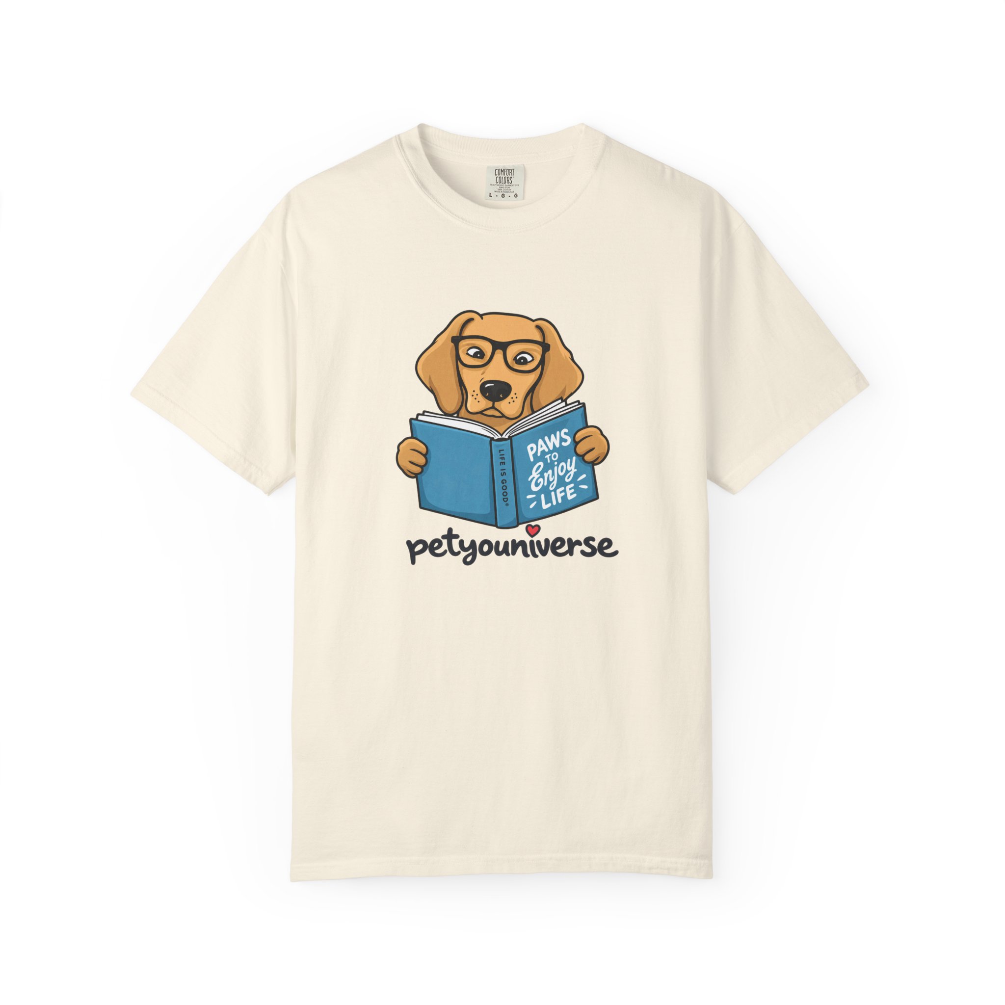 Cute reading dog graphic on PetYoUniverse t-shirt