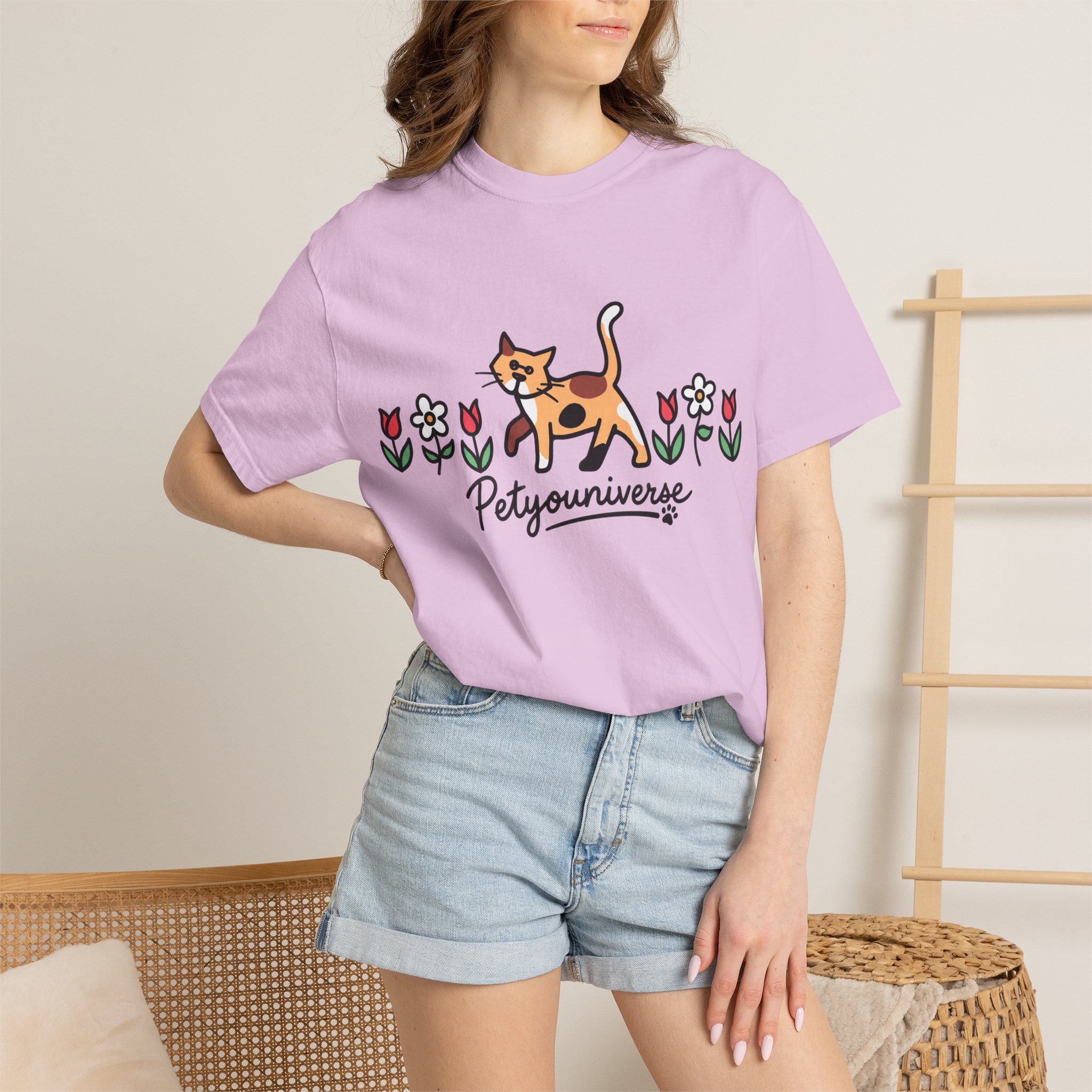 Cat & Flowers T-Shirt — 'Petsyouniverse' Cute Calico Tee - Image 101
