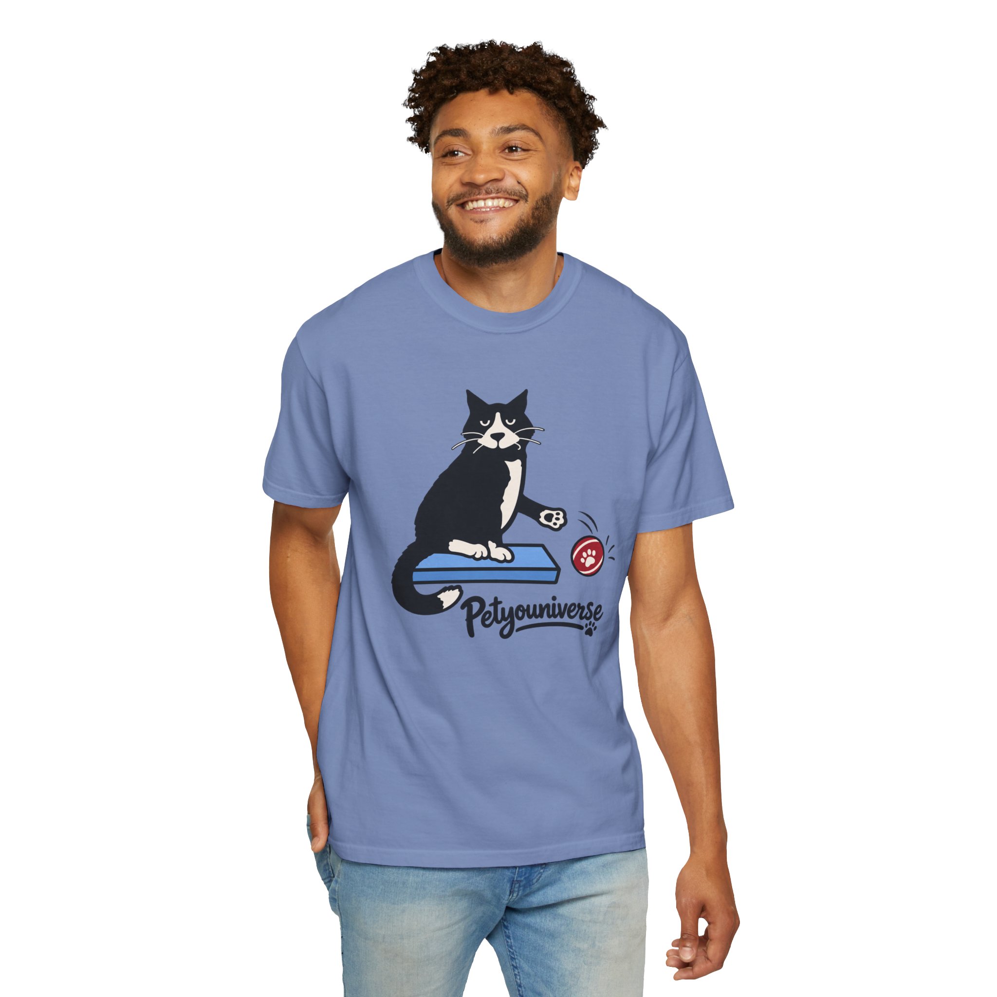 Cat on Scratch Pad Graphic T-Shirt — "Petyouniverse" Cute Paw Play Tee - Image 88