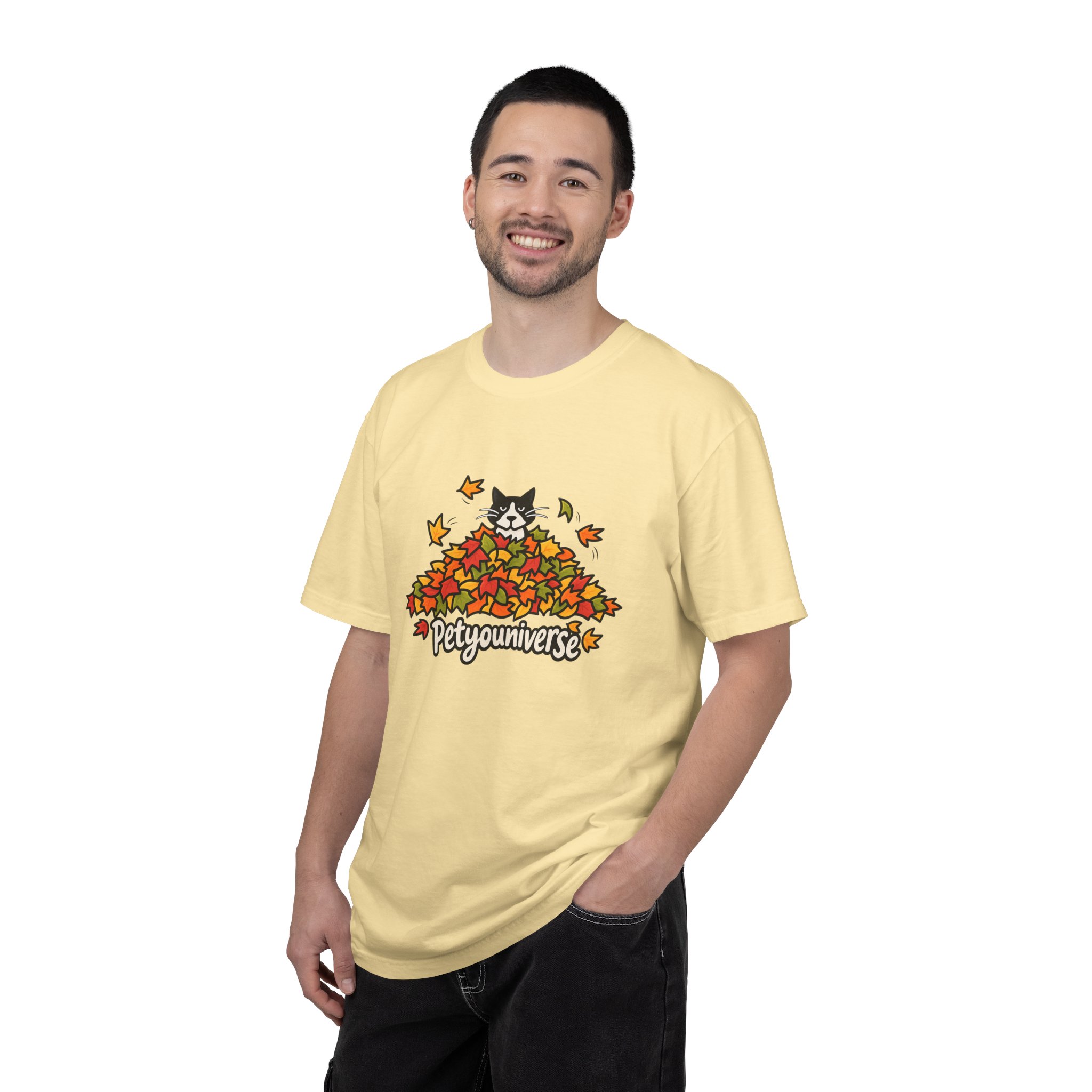 Cat in Leaf Pile T-Shirt — "Petyouniverse" Fall Cat Tee - Image 13
