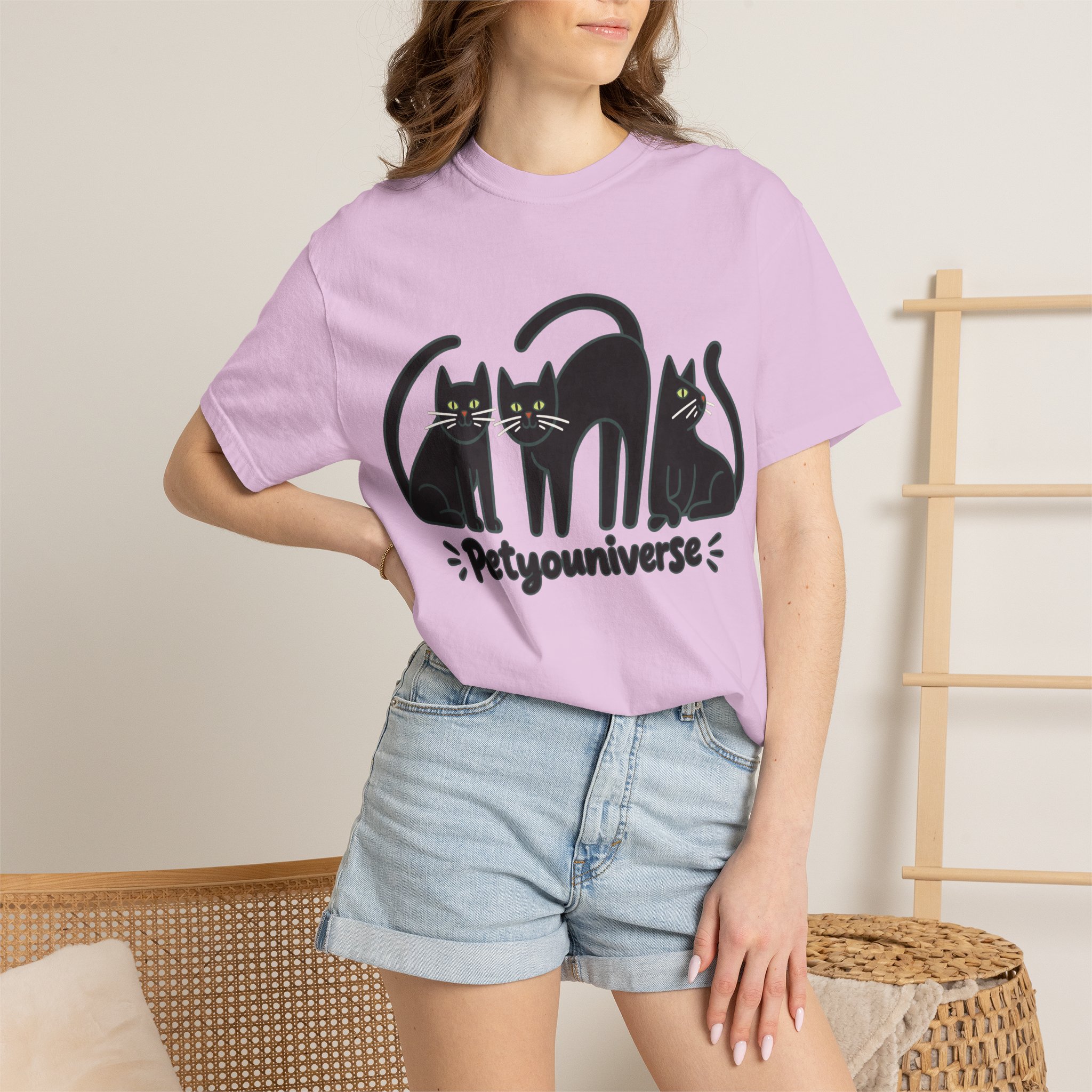 Cat T-Shirt — "Petyouniverse" Black Cat Trio Graphic Tee - Image 110