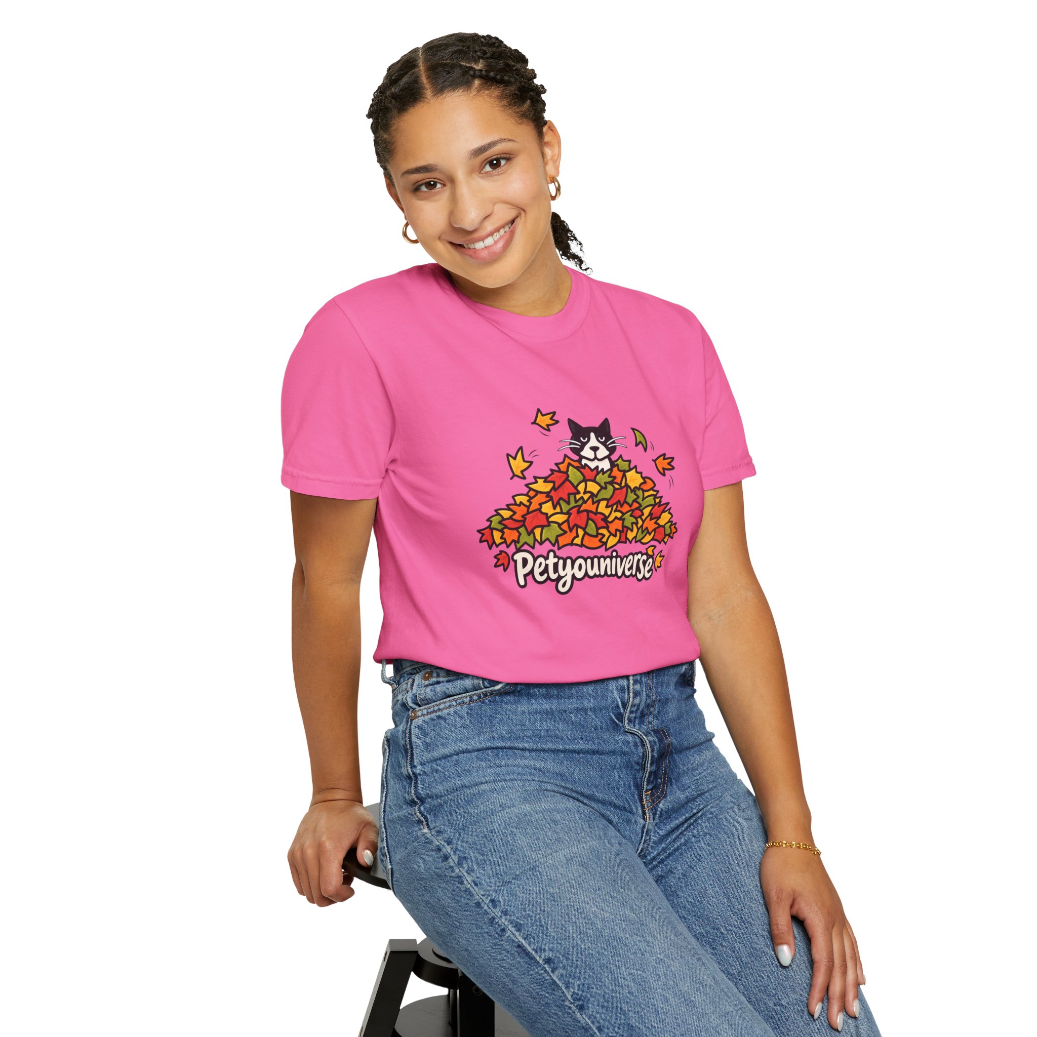 Cat in Leaf Pile T-Shirt — "Petyouniverse" Fall Cat Tee - Image 105