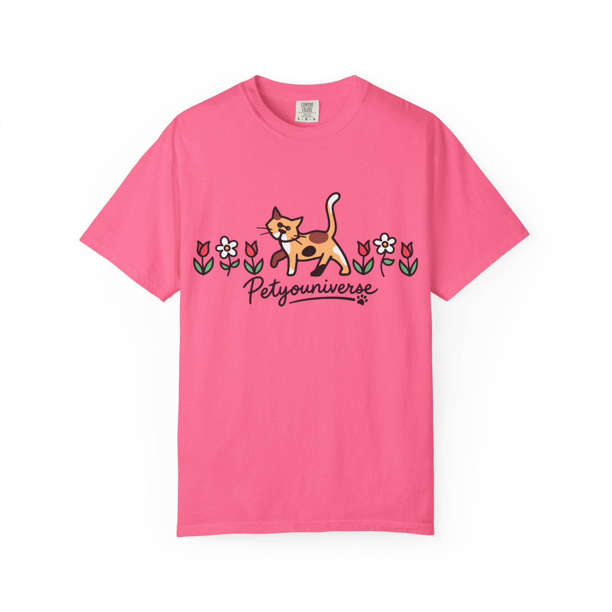Cat & Flowers T-Shirt — 'Petsyouniverse' Cute Calico Tee - Image 118