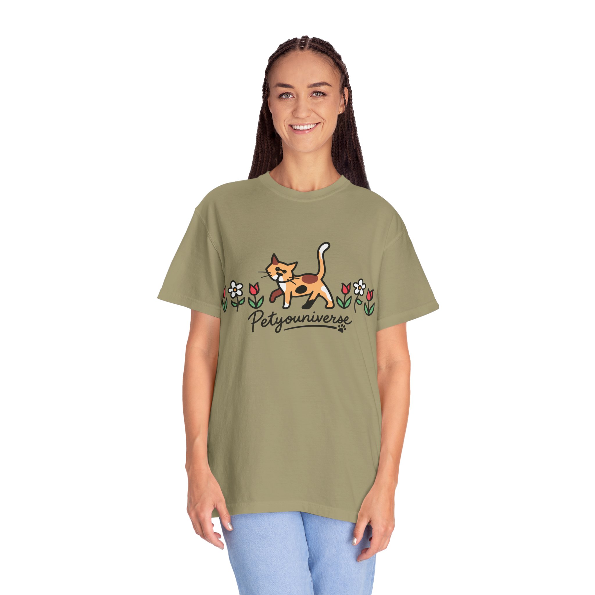 Cat & Flowers T-Shirt — 'Petsyouniverse' Cute Calico Tee - Image 32