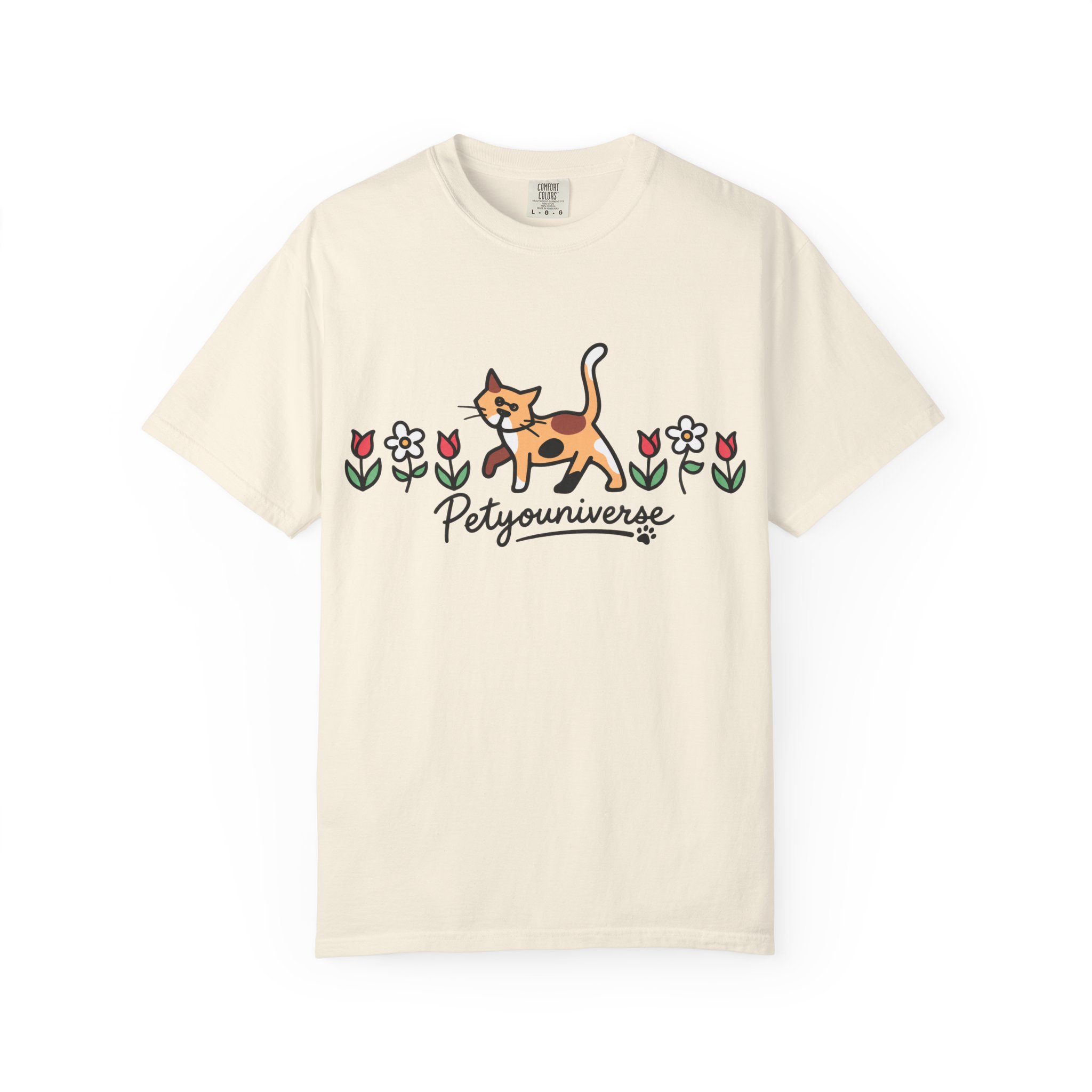 Cute calico cat among flowers graphic on PetYoUniverse cat flowers t-shirt