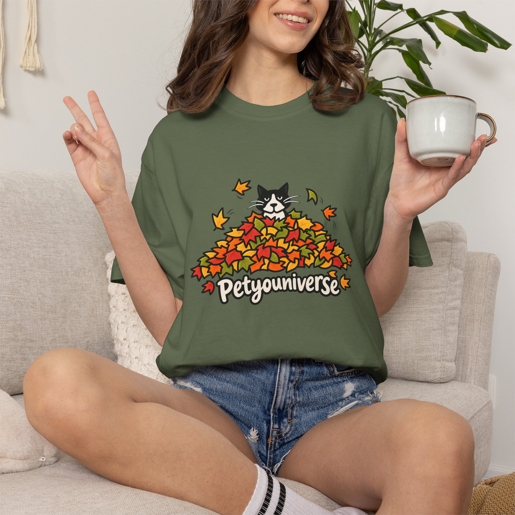 Cat in Leaf Pile T-Shirt — "Petyouniverse" Fall Cat Tee - Image 57