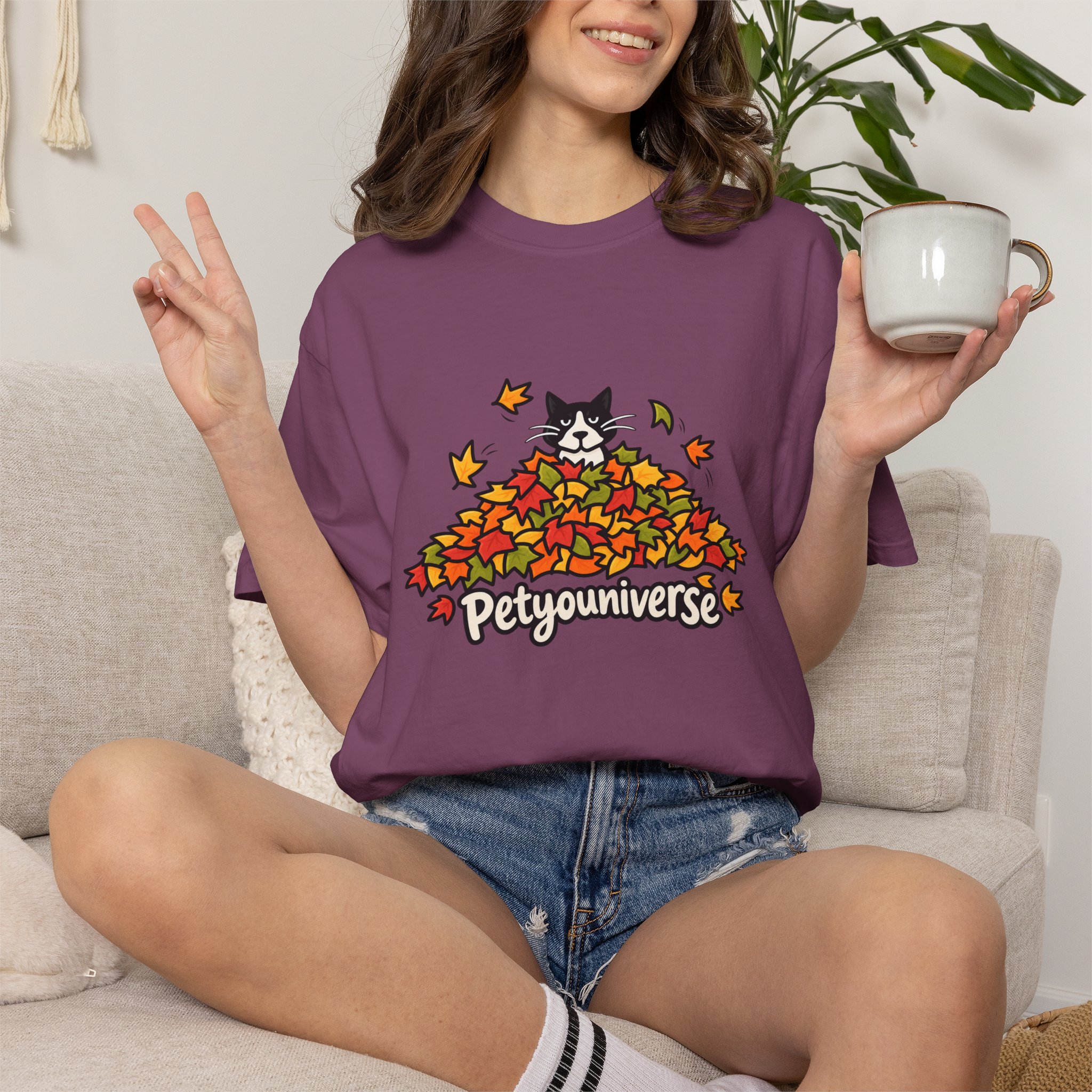 Cat in Leaf Pile T-Shirt — "Petyouniverse" Fall Cat Tee - Image 120