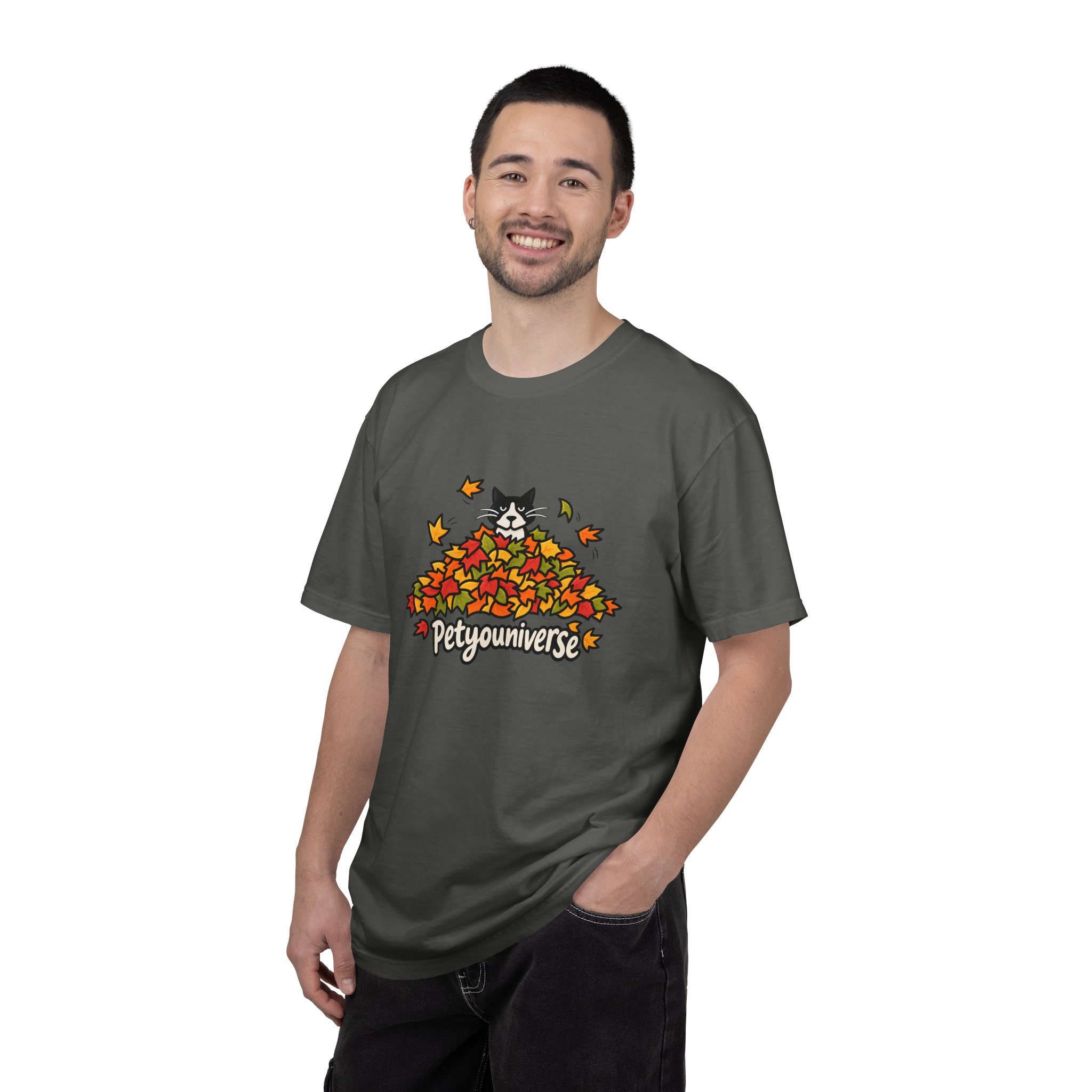 Cat in Leaf Pile T-Shirt — "Petyouniverse" Fall Cat Tee - Image 49
