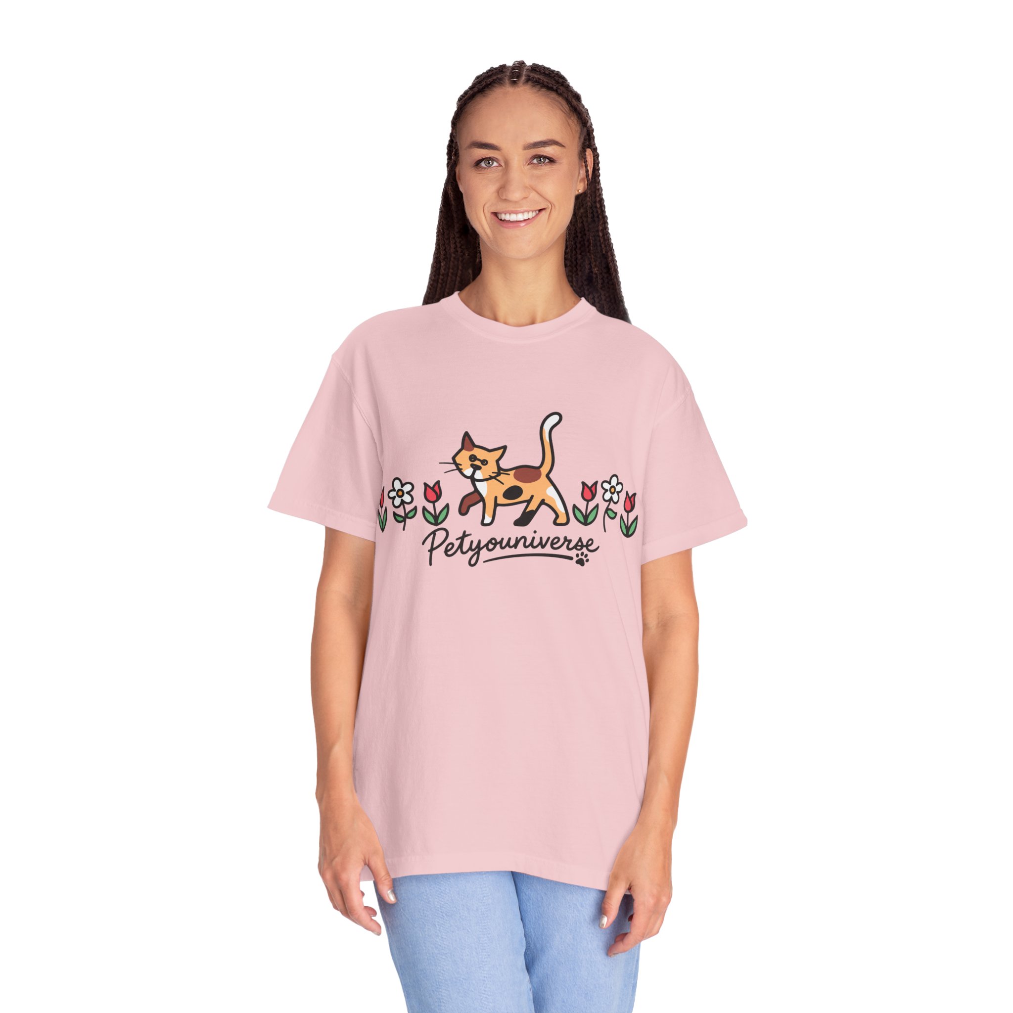Cat & Flowers T-Shirt — 'Petsyouniverse' Cute Calico Tee - Image 113