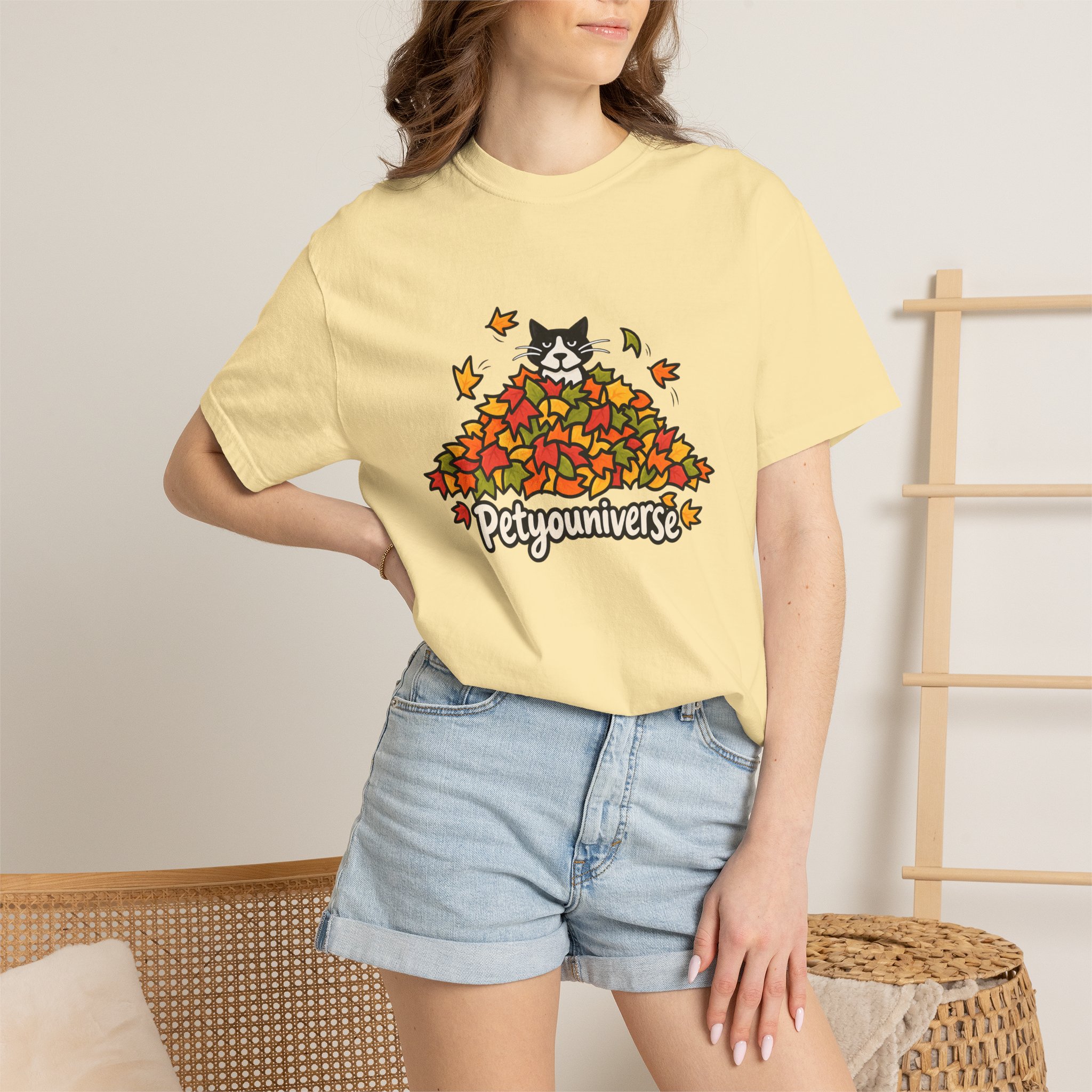 Cat in Leaf Pile T-Shirt — "Petyouniverse" Fall Cat Tee - Image 11