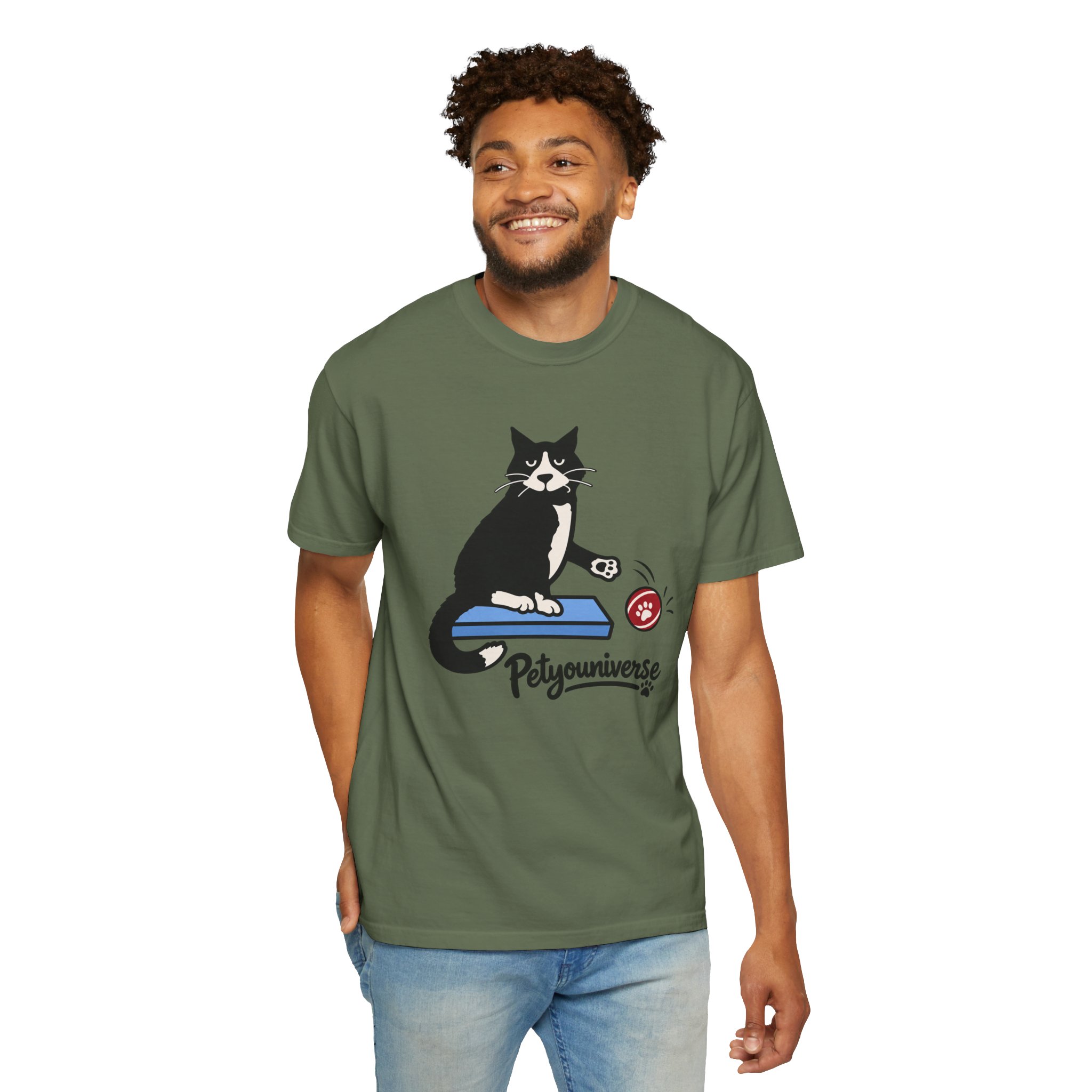 Cat on Scratch Pad Graphic T-Shirt — "Petyouniverse" Cute Paw Play Tee - Image 61