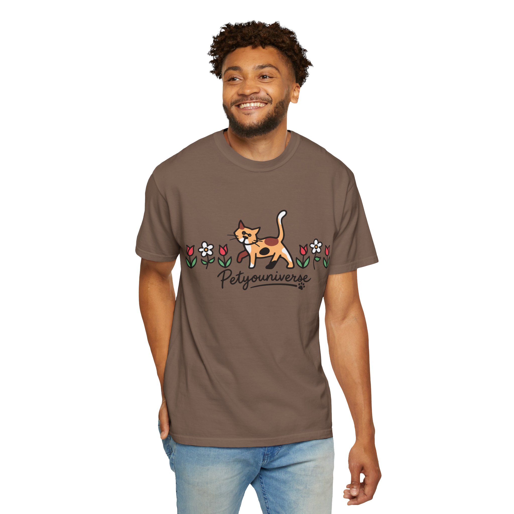 Cat & Flowers T-Shirt — 'Petsyouniverse' Cute Calico Tee - Image 43