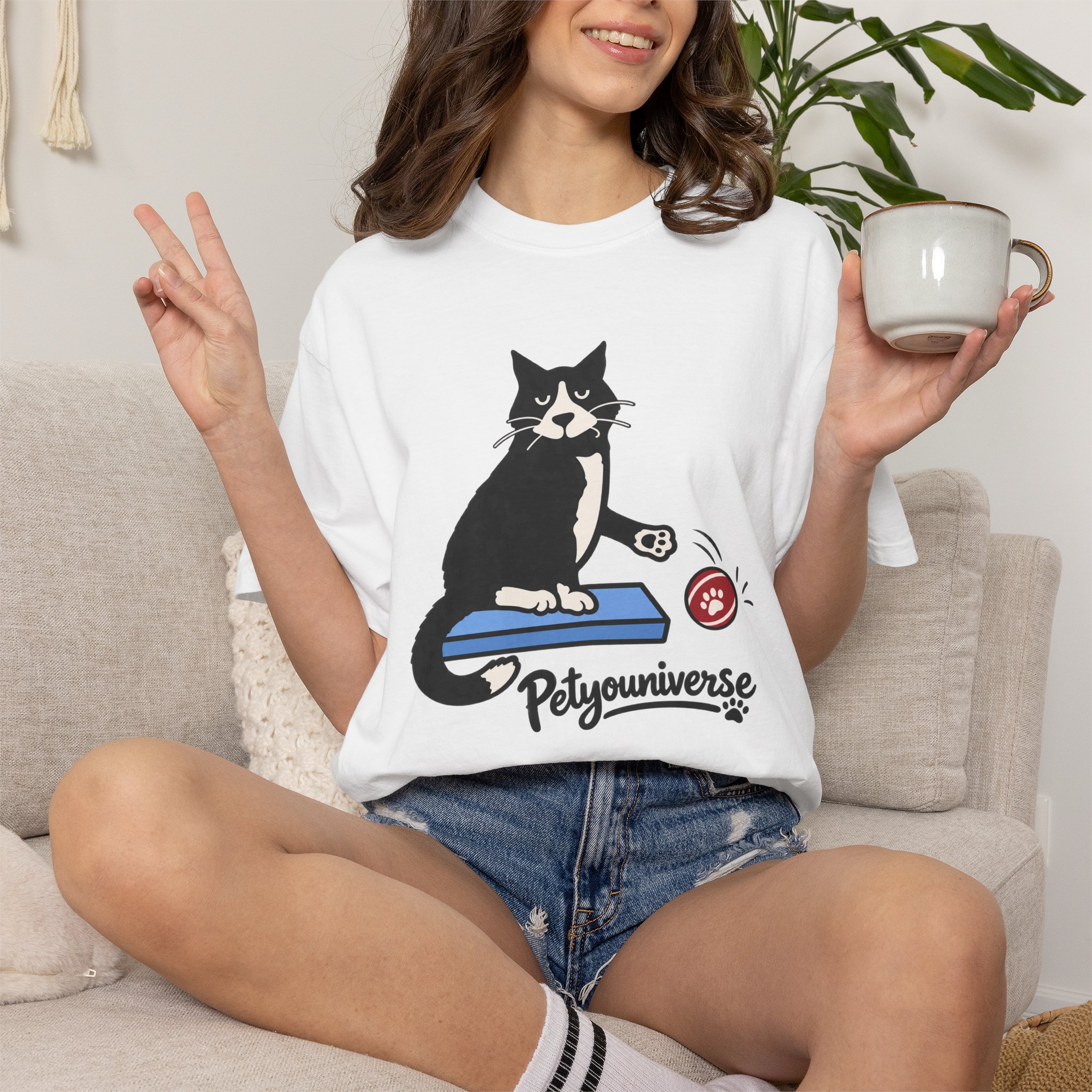Cat on Scratch Pad Graphic T-Shirt — "Petyouniverse" Cute Paw Play Tee - Image 3