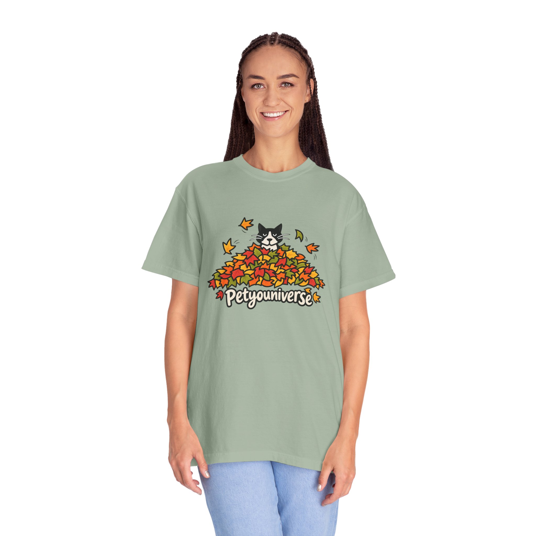 Cat in Leaf Pile T-Shirt — "Petyouniverse" Fall Cat Tee - Image 68