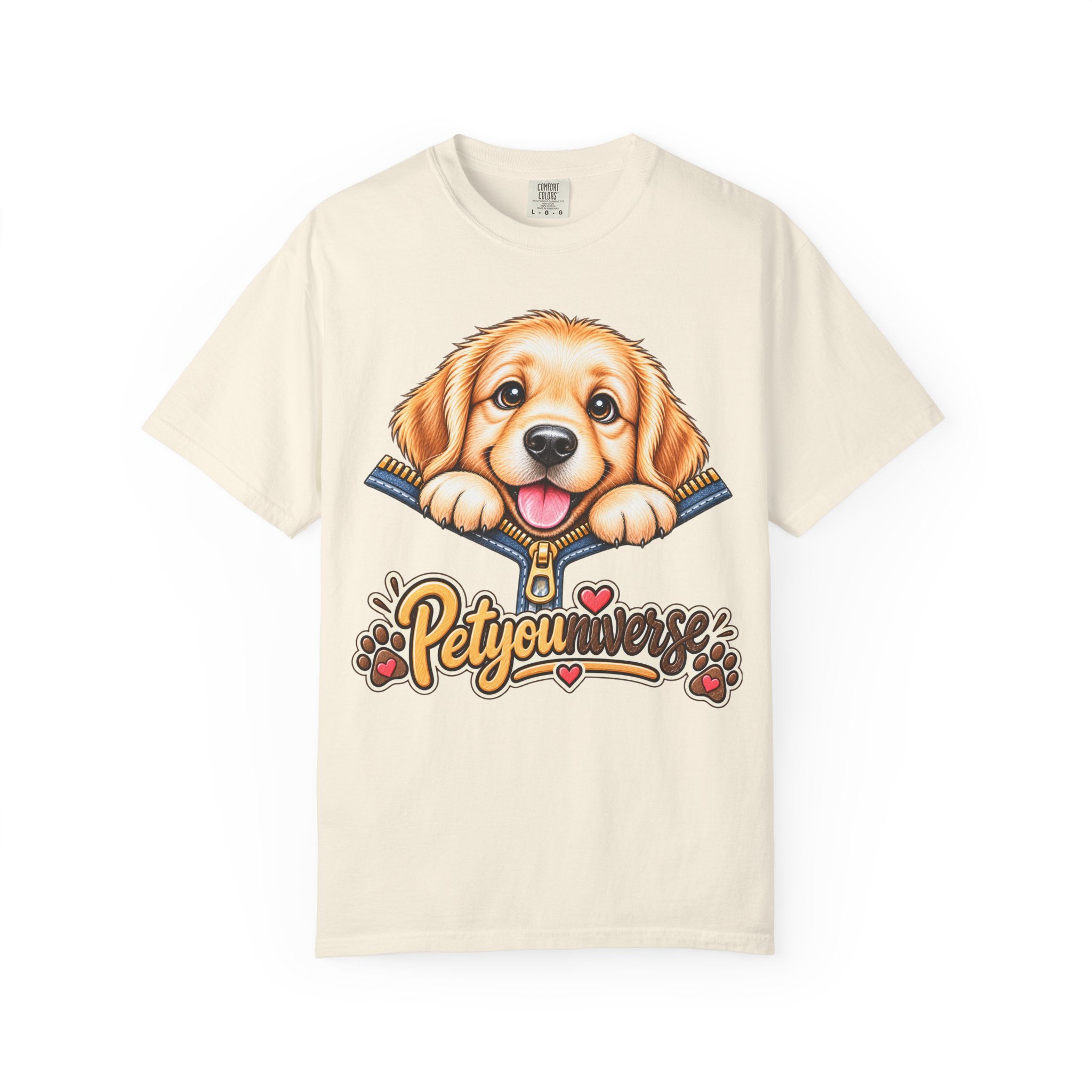 Cute Golden Retriever puppy graphic on PetYoUniverse t-shirt