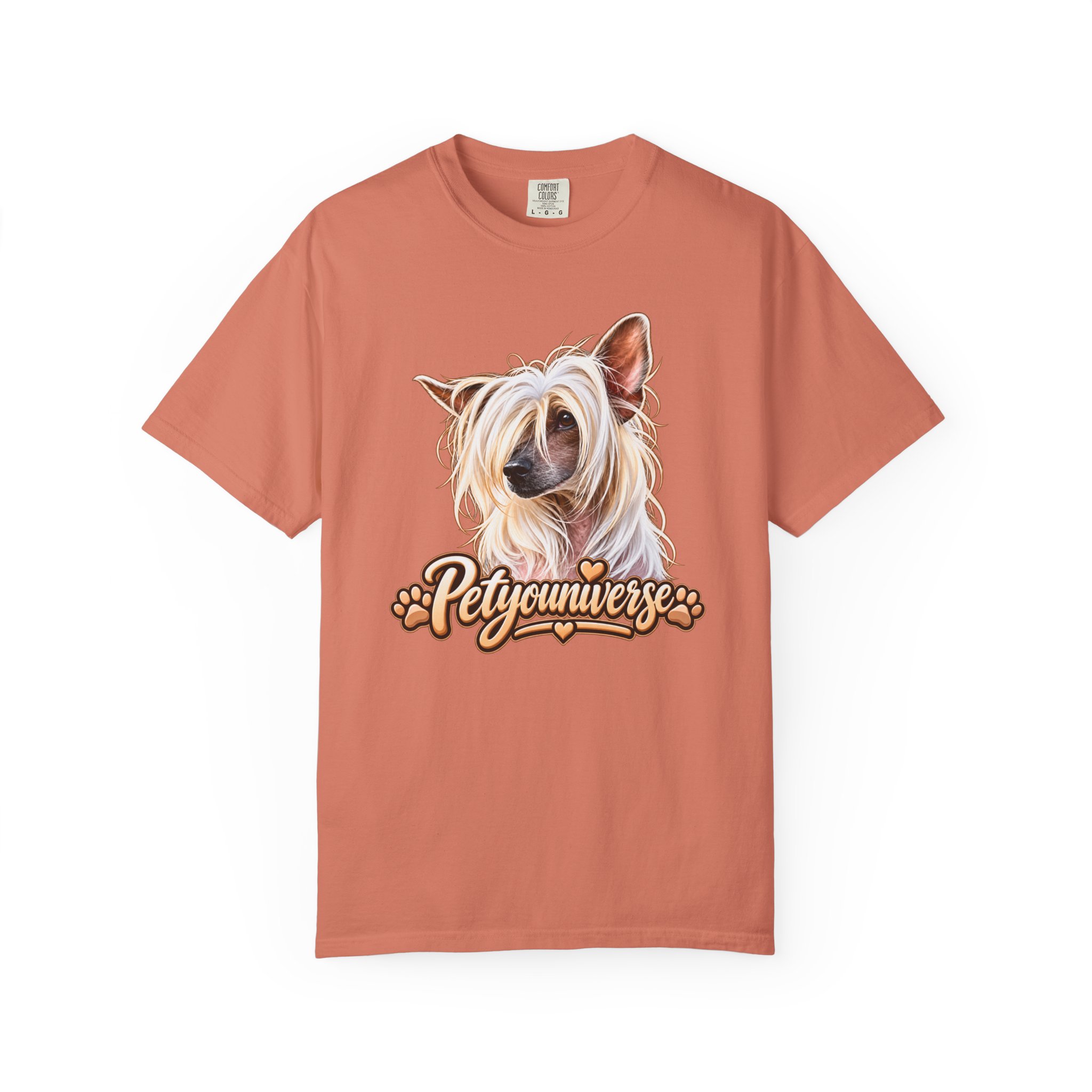 Chinese Crested dog portrait graphic on PetYoUniverse t-shirt