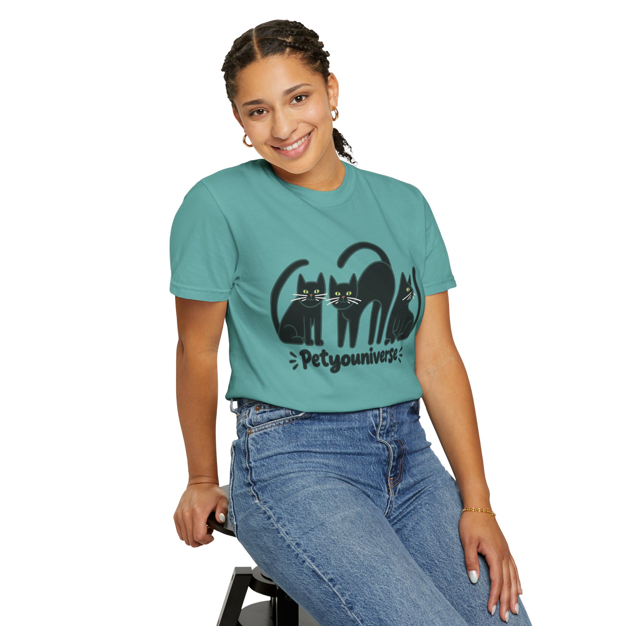 Cat T-Shirt — "Petyouniverse" Black Cat Trio Graphic Tee - Image 96