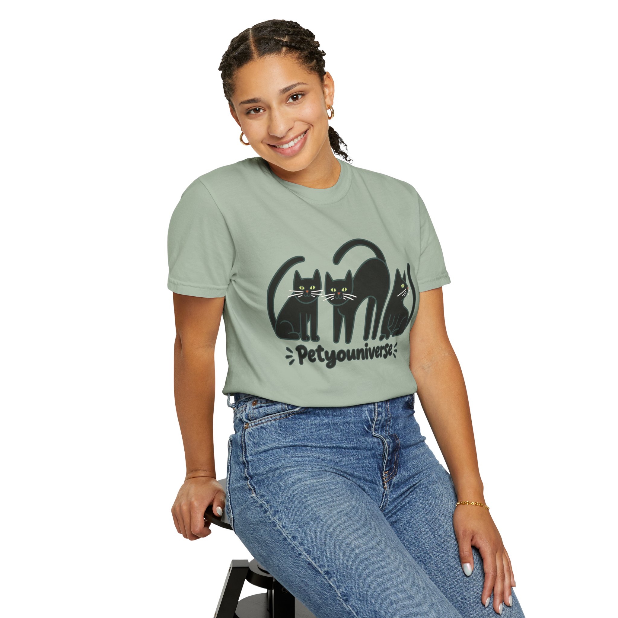 Cat T-Shirt — "Petyouniverse" Black Cat Trio Graphic Tee - Image 69