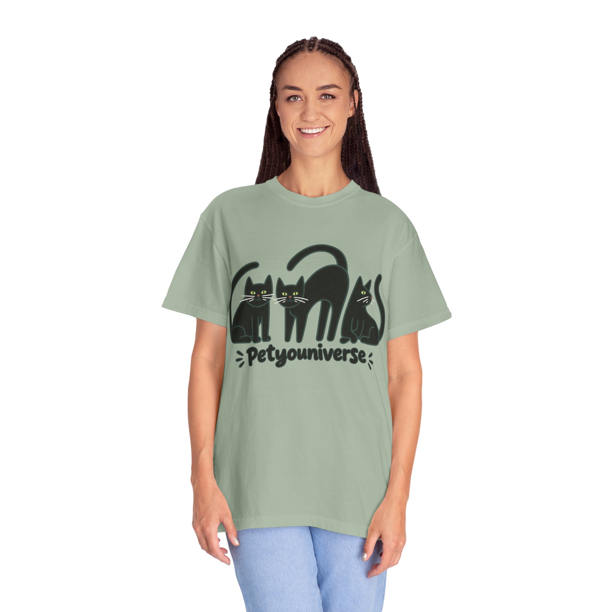 Cat T-Shirt — "Petyouniverse" Black Cat Trio Graphic Tee - Image 68