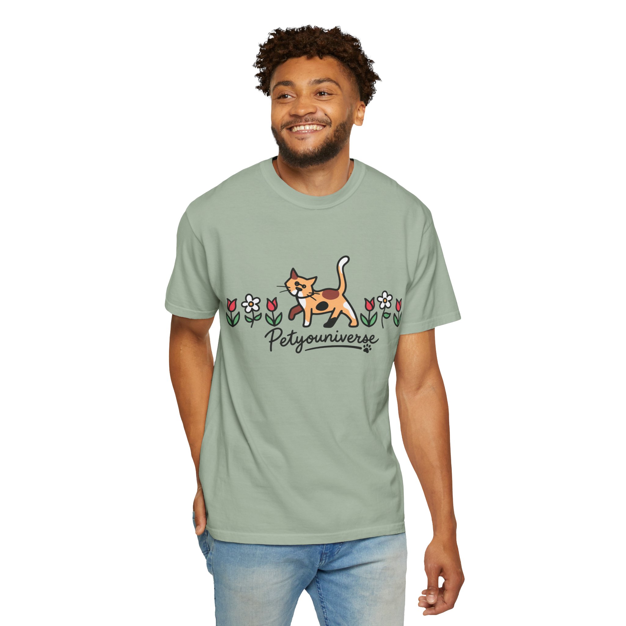 Cat & Flowers T-Shirt — 'Petsyouniverse' Cute Calico Tee - Image 79