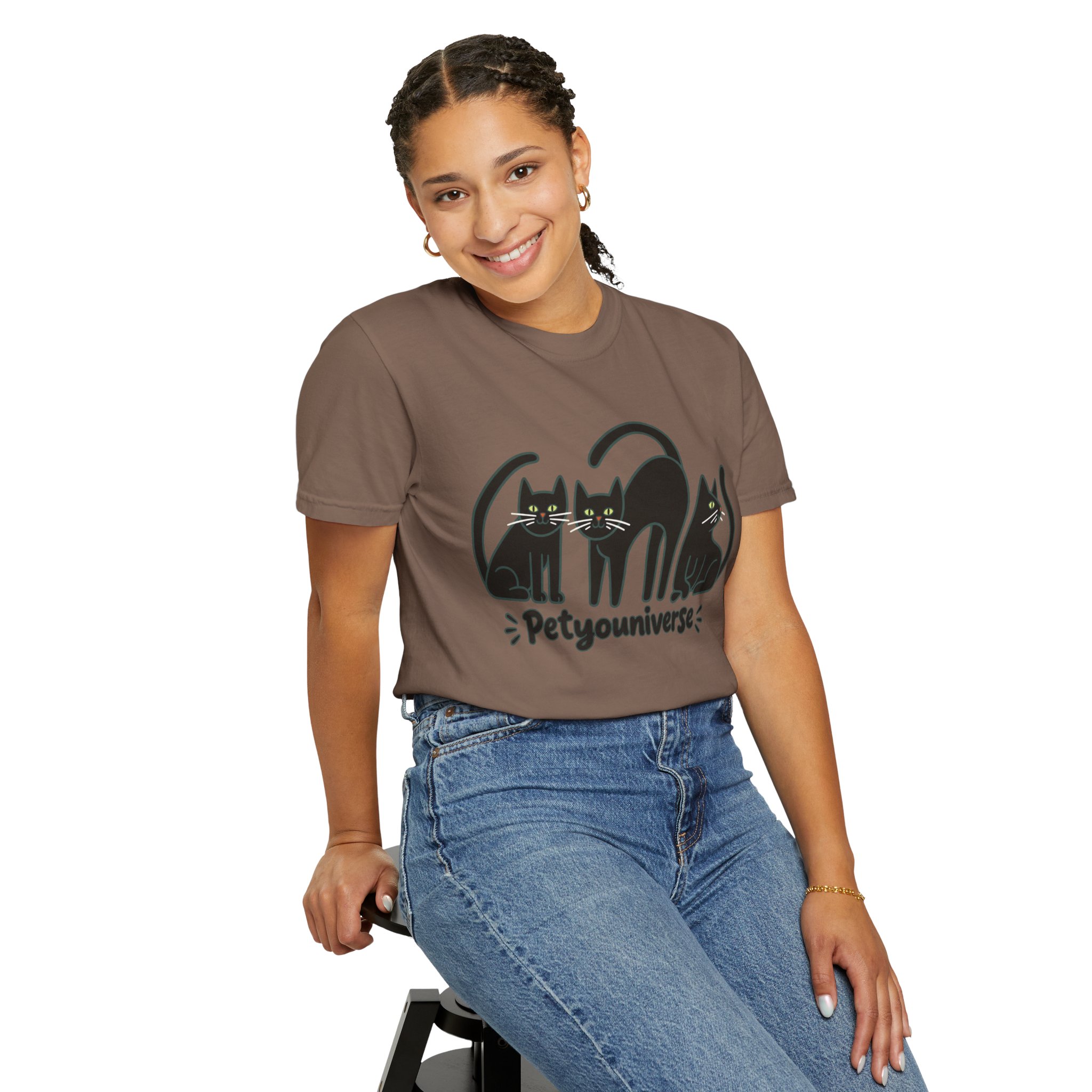 Cat T-Shirt — "Petyouniverse" Black Cat Trio Graphic Tee - Image 51