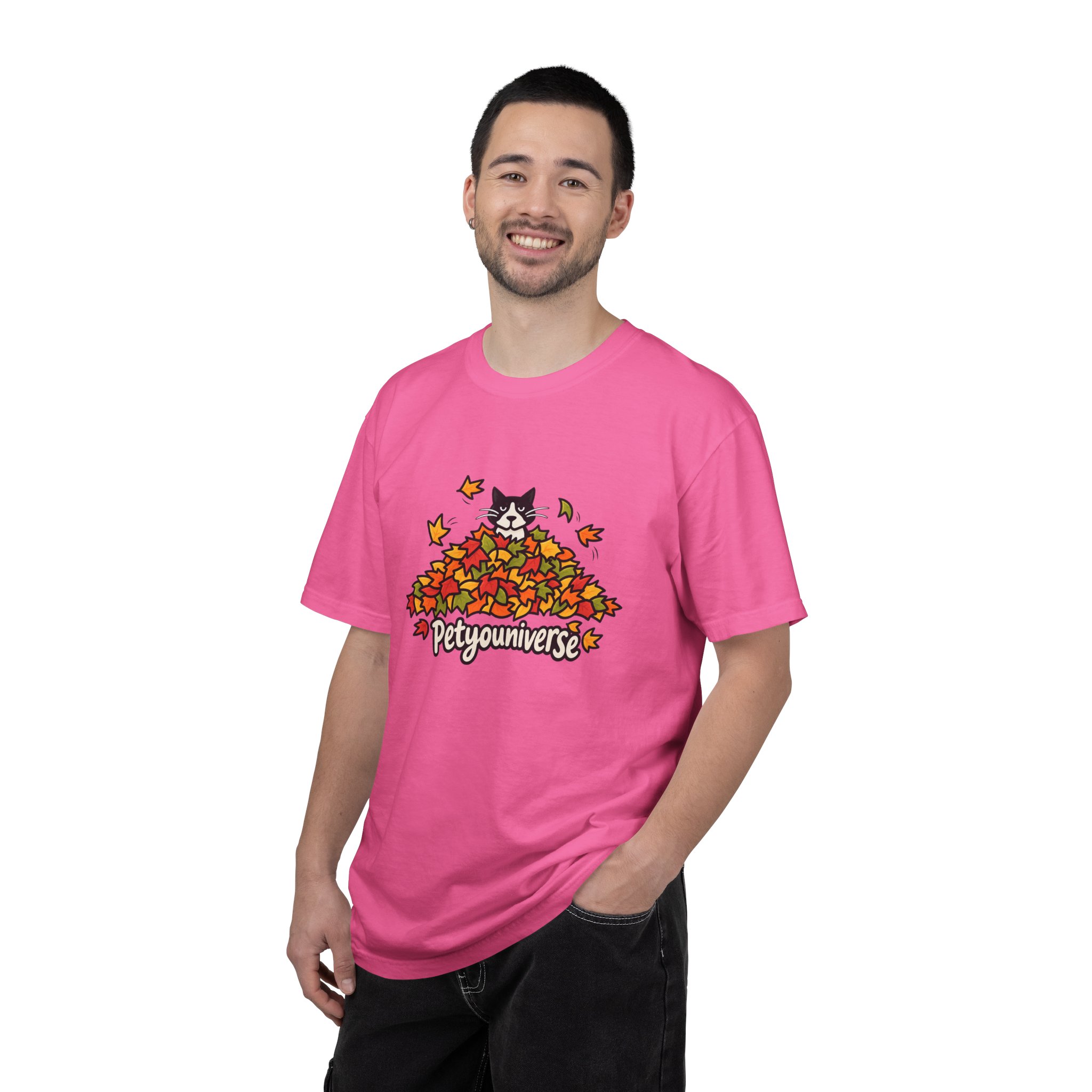 Cat in Leaf Pile T-Shirt — "Petyouniverse" Fall Cat Tee - Image 103