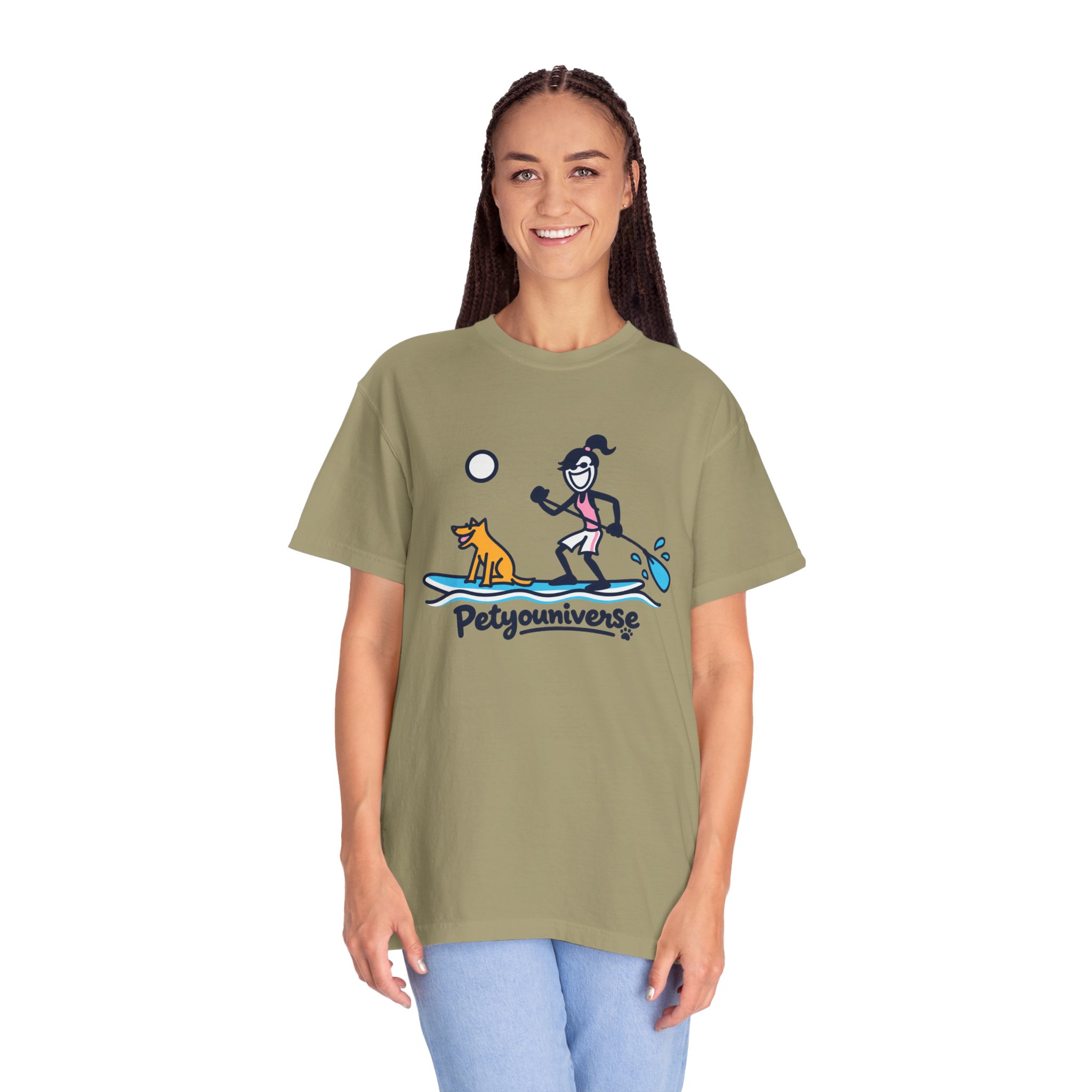 Paddleboarding Pup Graphic T-Shirt — "Petyouniverse" Dog & Owner Paddleboard Tee - Image 36