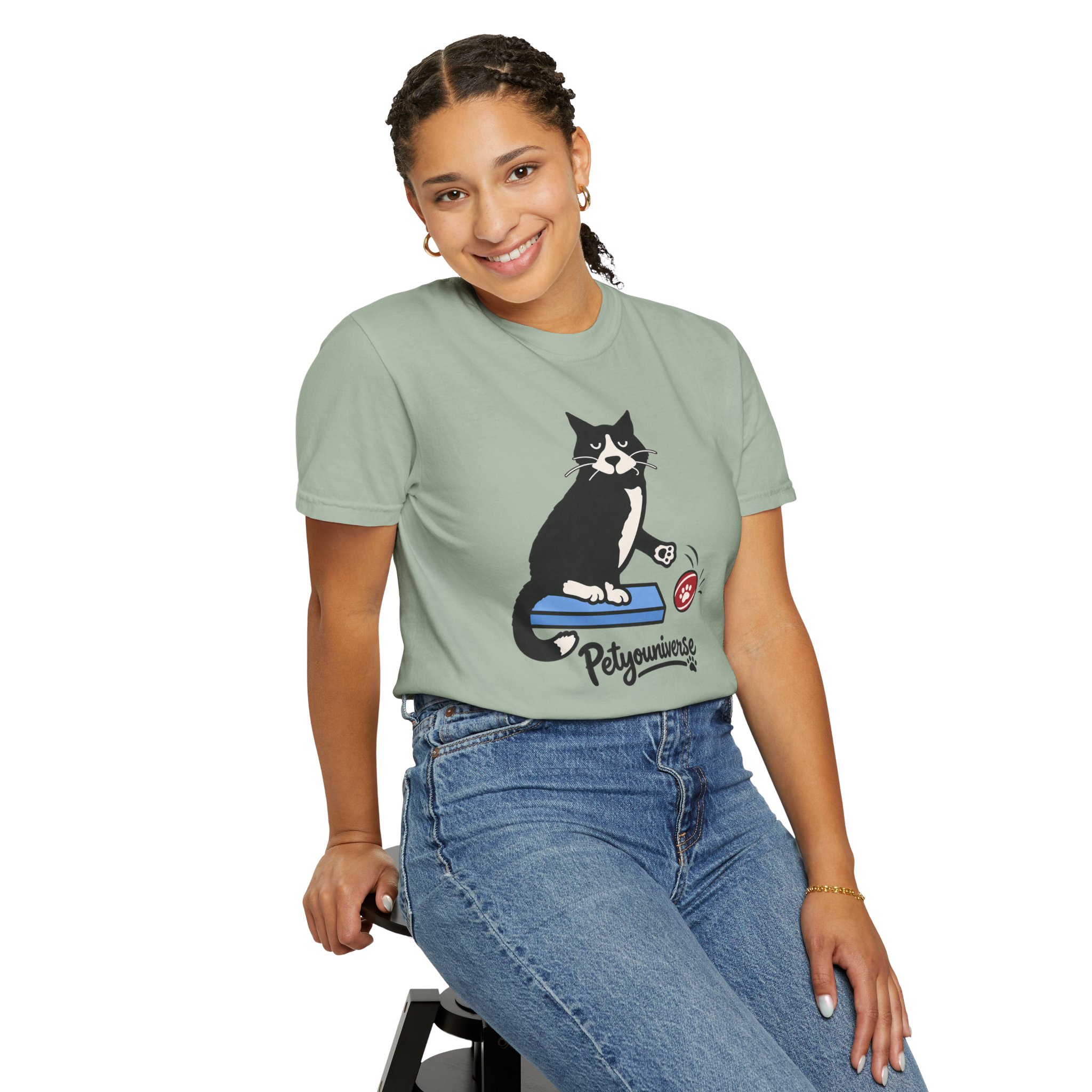 Cat on Scratch Pad Graphic T-Shirt — "Petyouniverse" Cute Paw Play Tee - Image 69