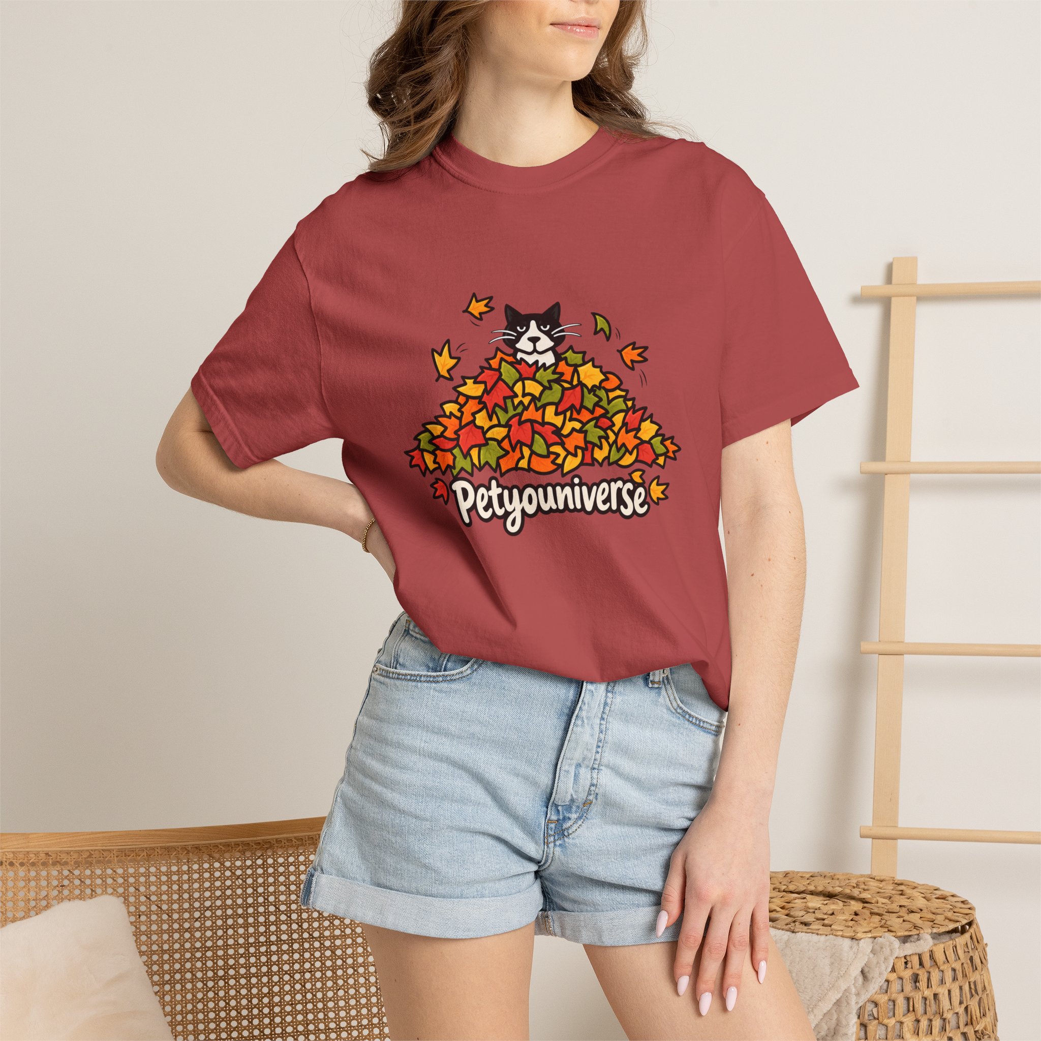 Cat in Leaf Pile T-Shirt — "Petyouniverse" Fall Cat Tee - Image 128