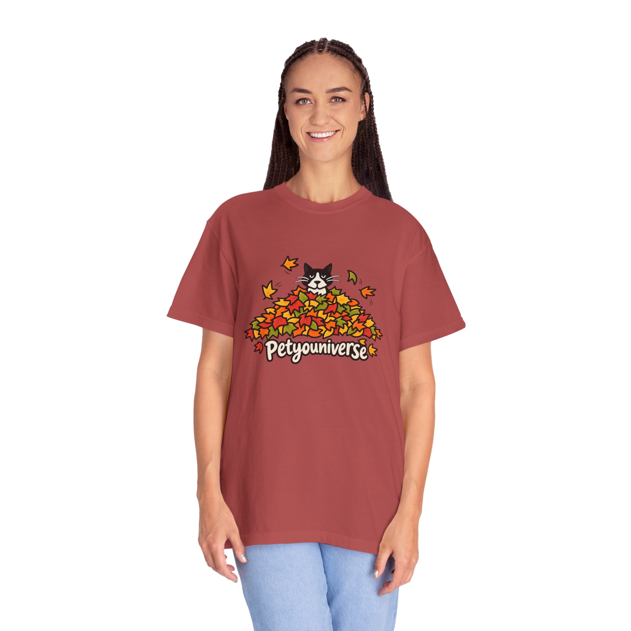 Cat in Leaf Pile T-Shirt — "Petyouniverse" Fall Cat Tee - Image 131