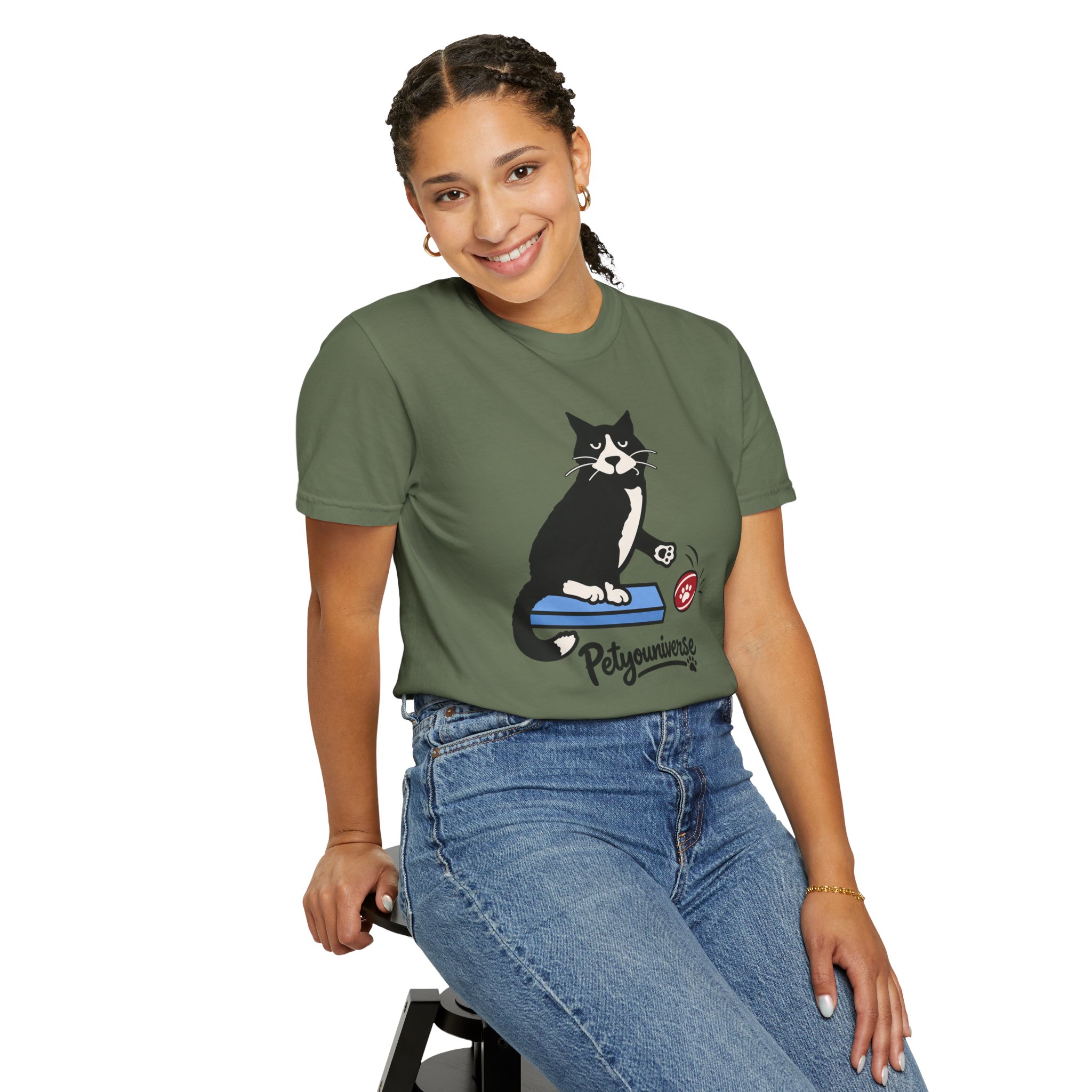 Cat on Scratch Pad Graphic T-Shirt — "Petyouniverse" Cute Paw Play Tee - Image 60