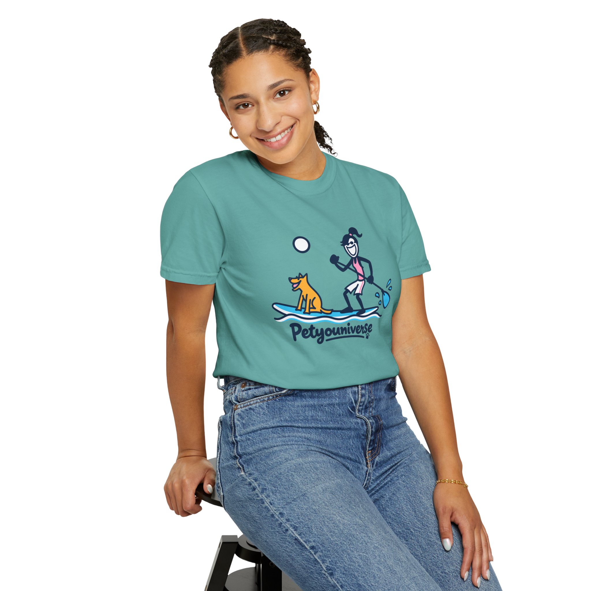Paddleboarding Pup Graphic T-Shirt — "Petyouniverse" Dog & Owner Paddleboard Tee - Image 69