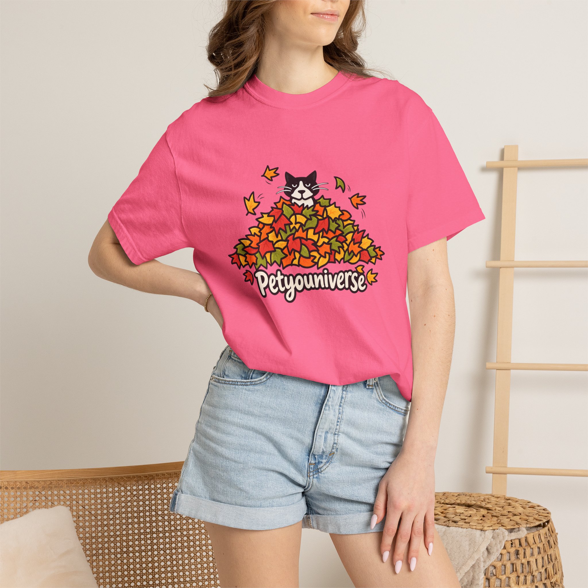 Cat in Leaf Pile T-Shirt — "Petyouniverse" Fall Cat Tee - Image 110