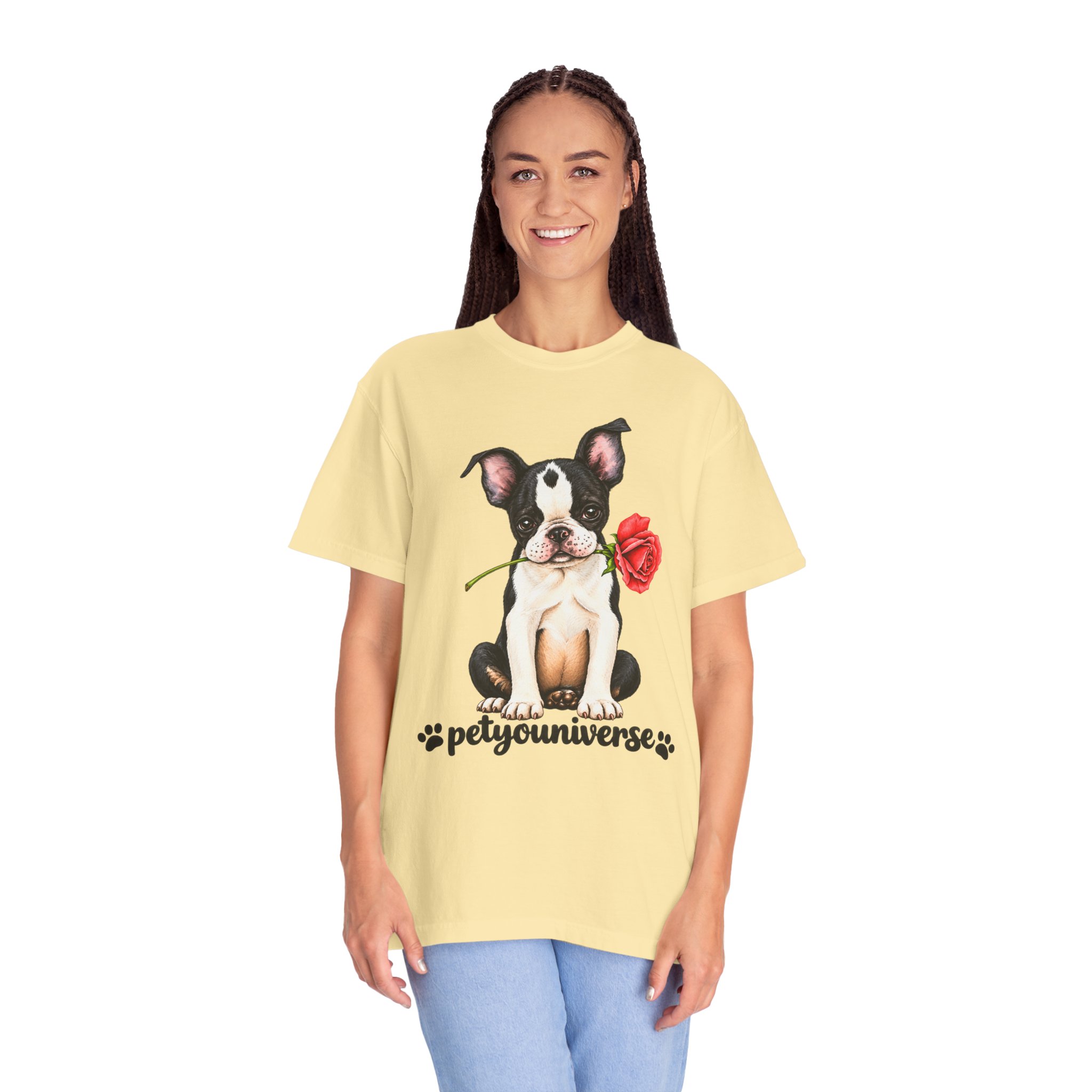 Boston Terrier Puppy Tee – Rose & "PetYoUniverse" Graphic T-Shirt - Image 14