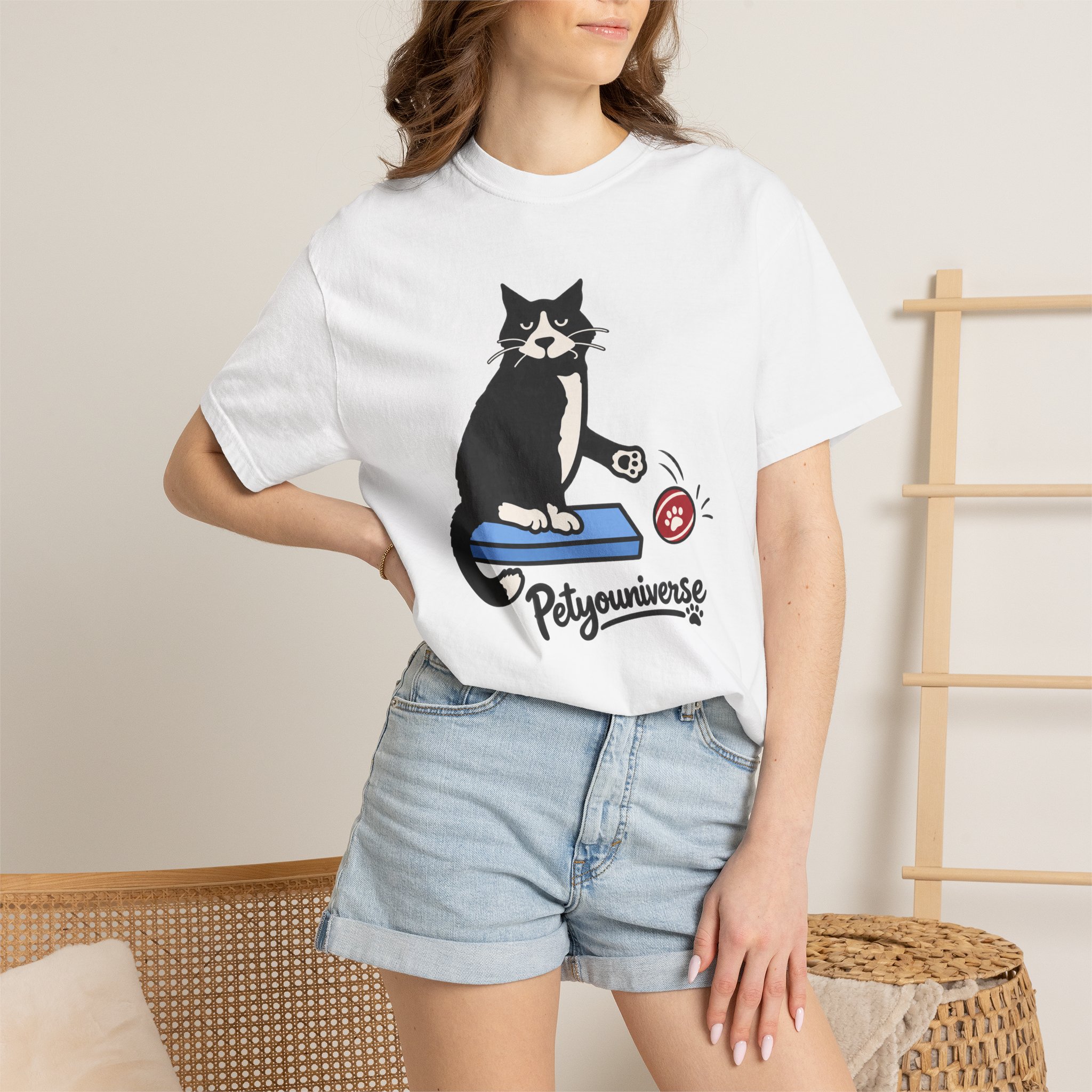 Cat on Scratch Pad Graphic T-Shirt — "Petyouniverse" Cute Paw Play Tee - Image 2
